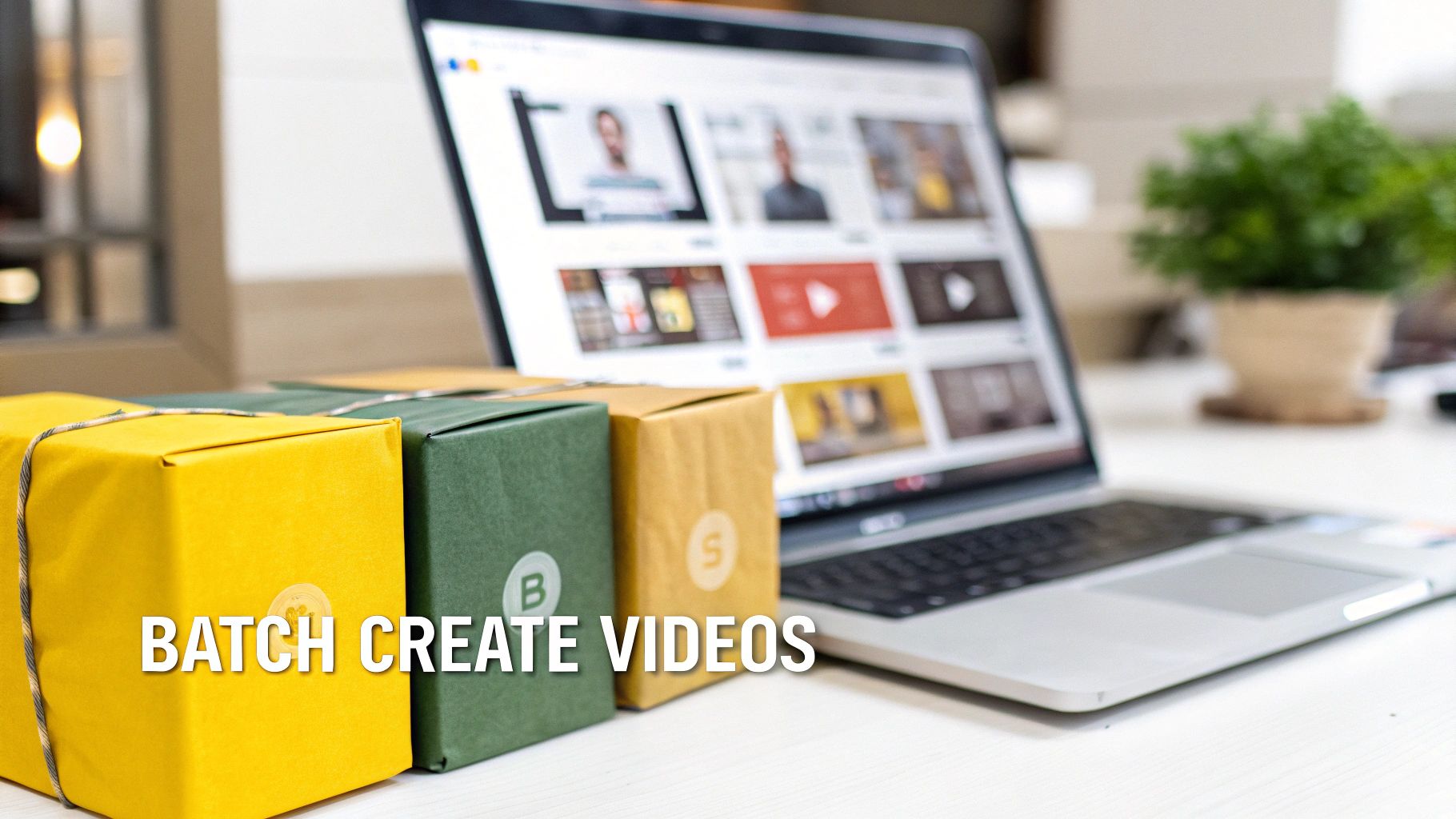 Three colorful wrapped boxes in front of a laptop displaying a grid of video thumbnails, suggesting batch video creation.