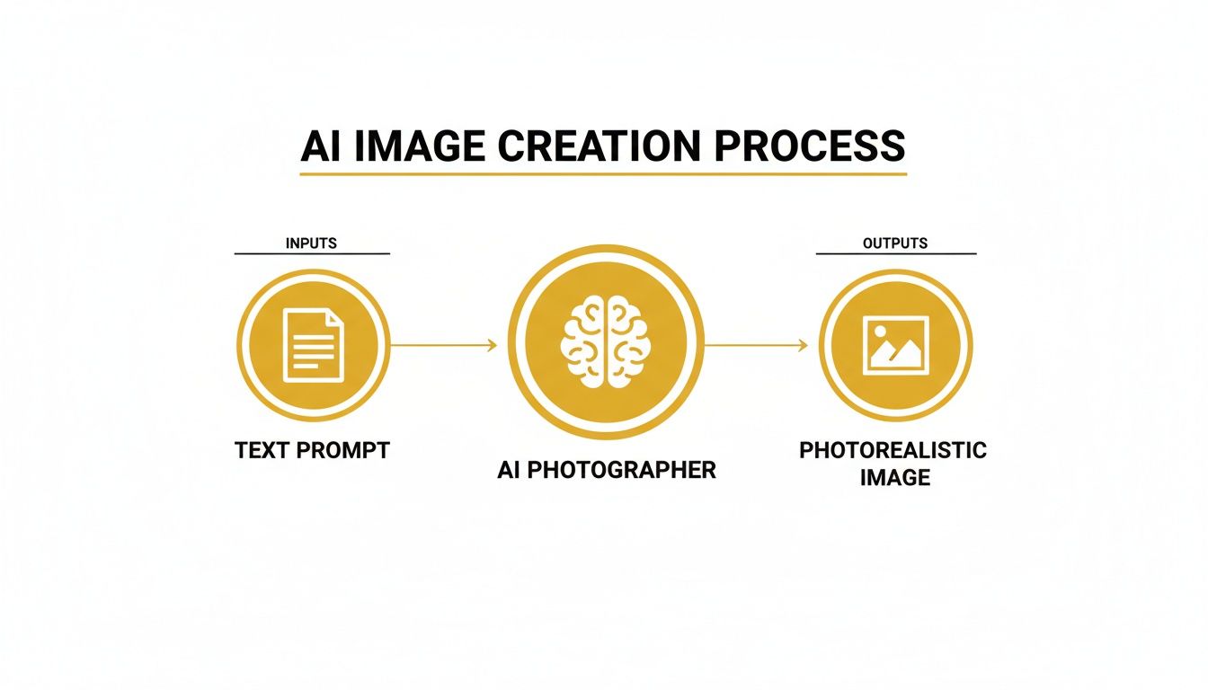 Diagram showing AI image creation: text prompt input, processed by AI photographer, resulting in a photorealistic image output.