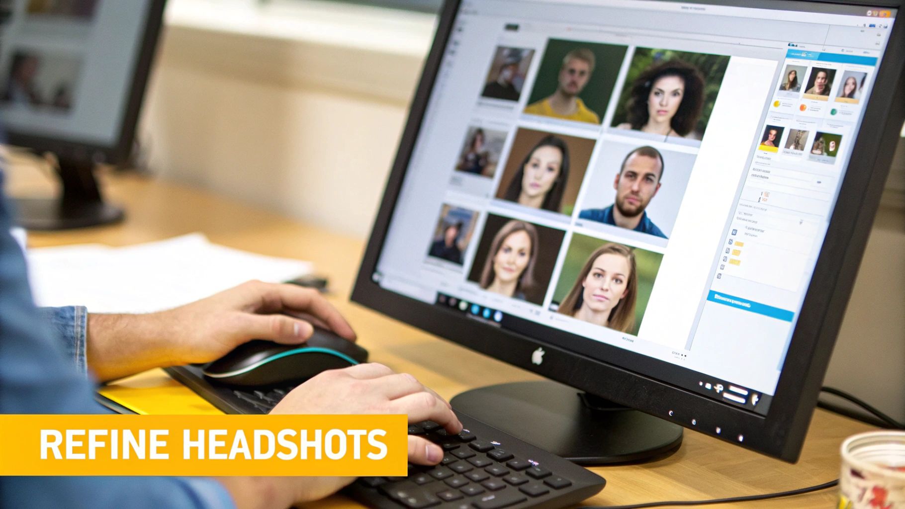 A person's hands using a mouse and keyboard to refine headshot photos on a computer screen.