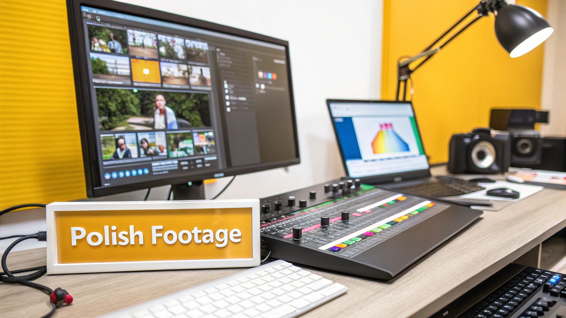 A professional video editing desk setup with screens, an audio mixer, and cameras.