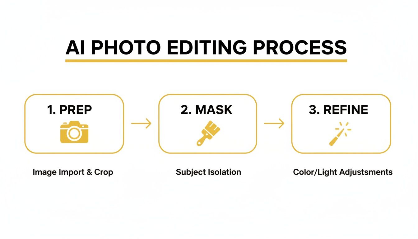 Diagram illustrating the three-step AI photo editing process: Prep, Mask, and Refine.