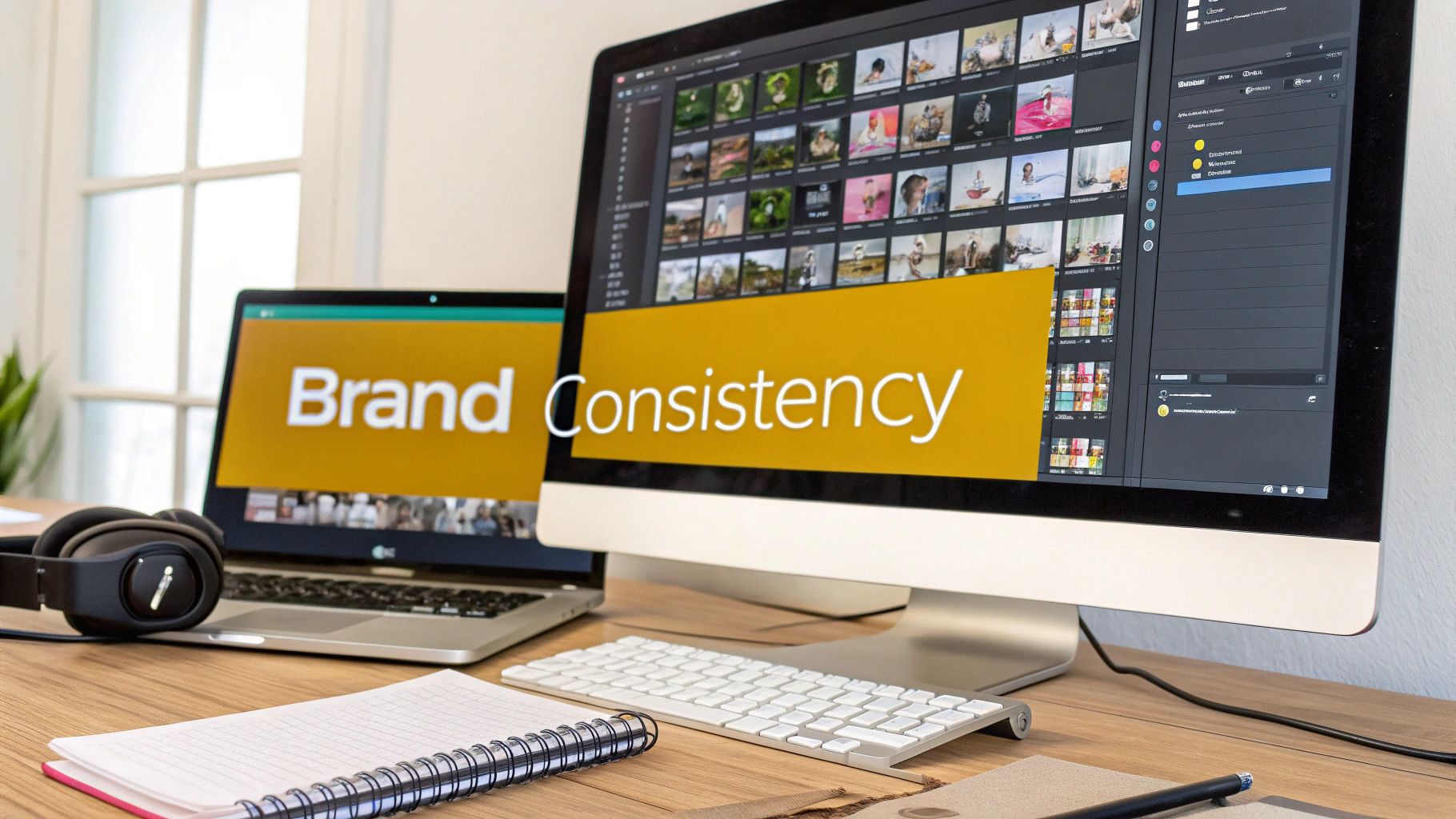 Two computer screens on a desk displaying 'Brand Consistency' text, with headphones and a notebook.