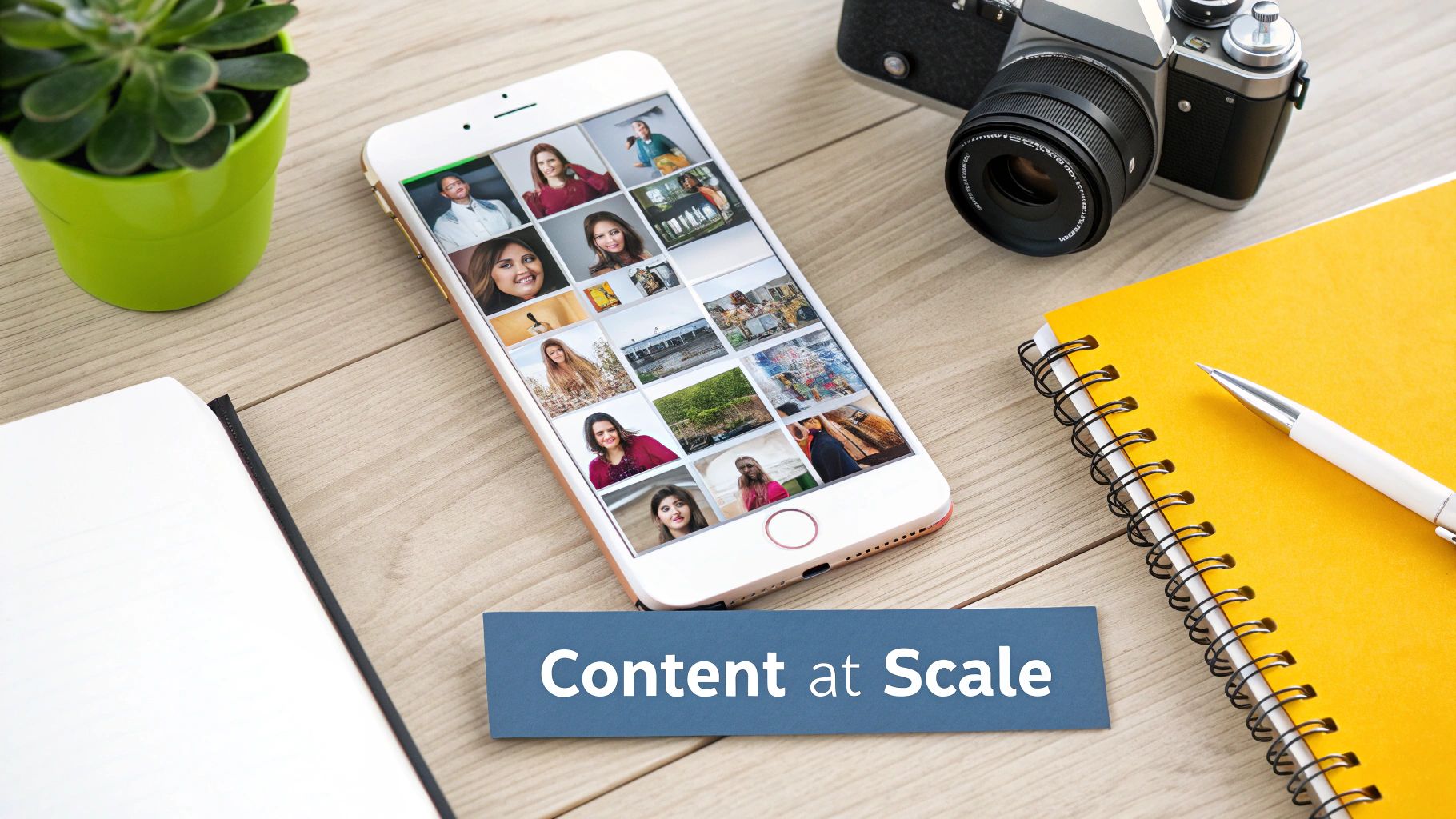 A flat lay of a desk with a smartphone displaying a gallery of photos, a camera, and notebooks with a 'Content at Scale' card.