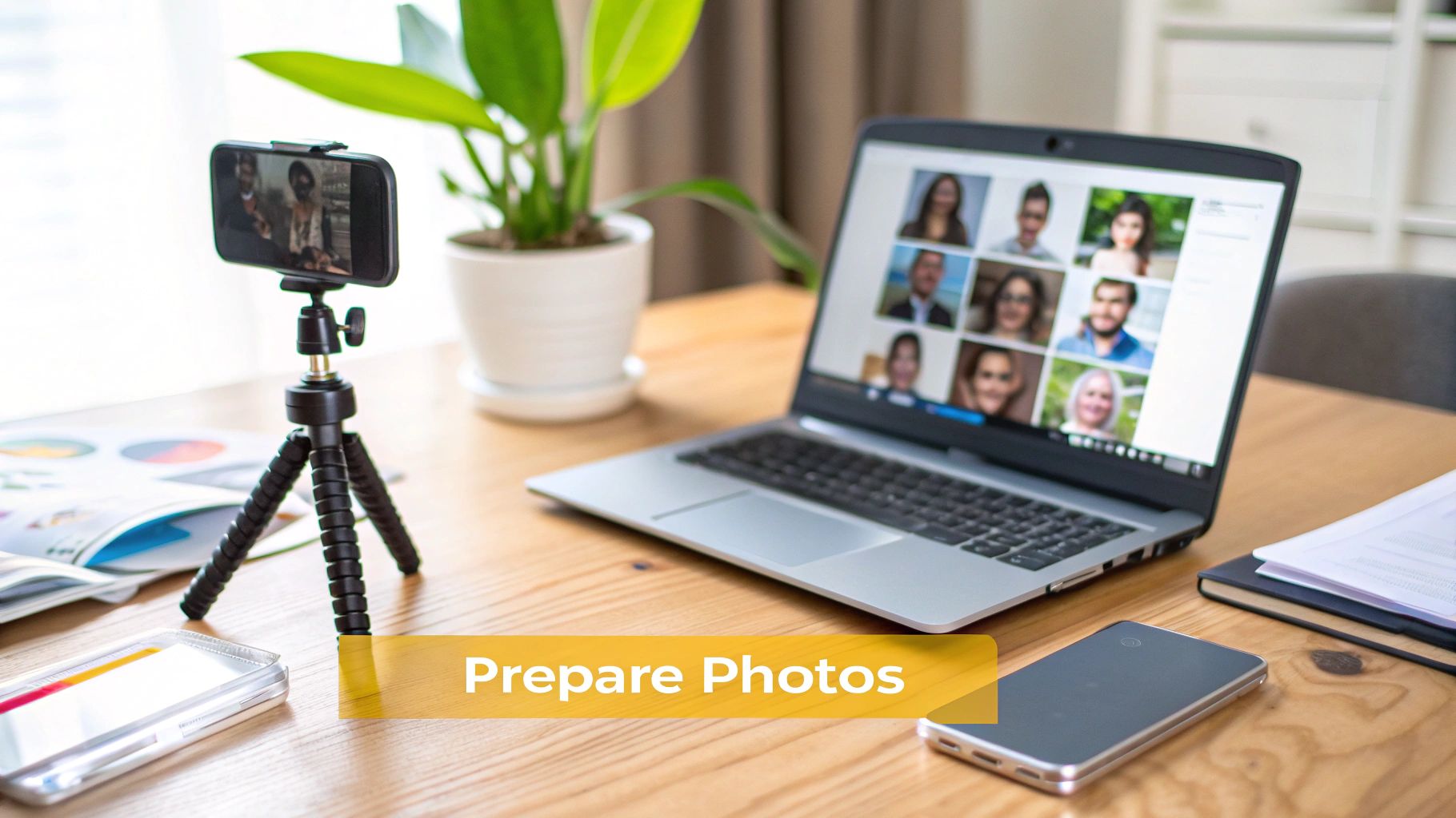 A desk with a laptop showing an online video conference, a smartphone on a tripod, and office supplies.
