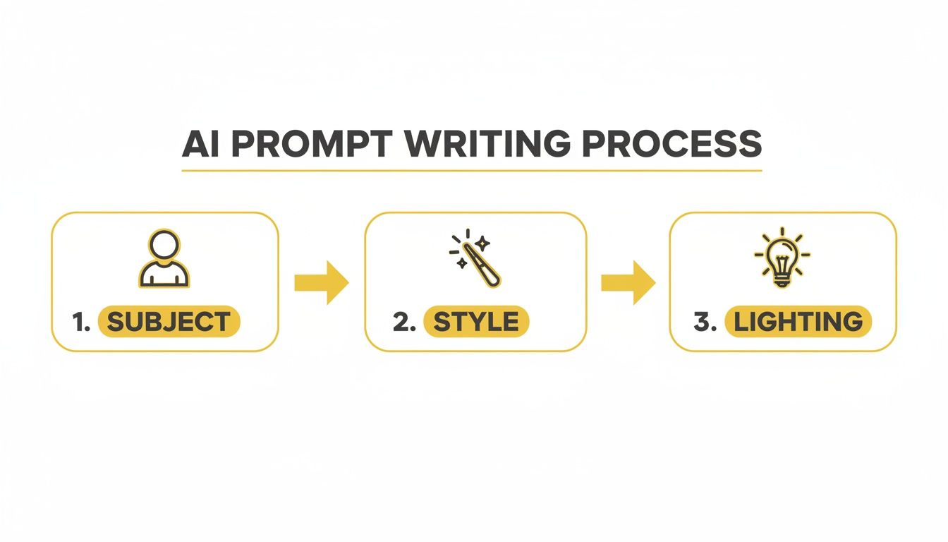 Flowchart illustrating the AI prompt writing process with steps: Subject, Style, and Lighting.