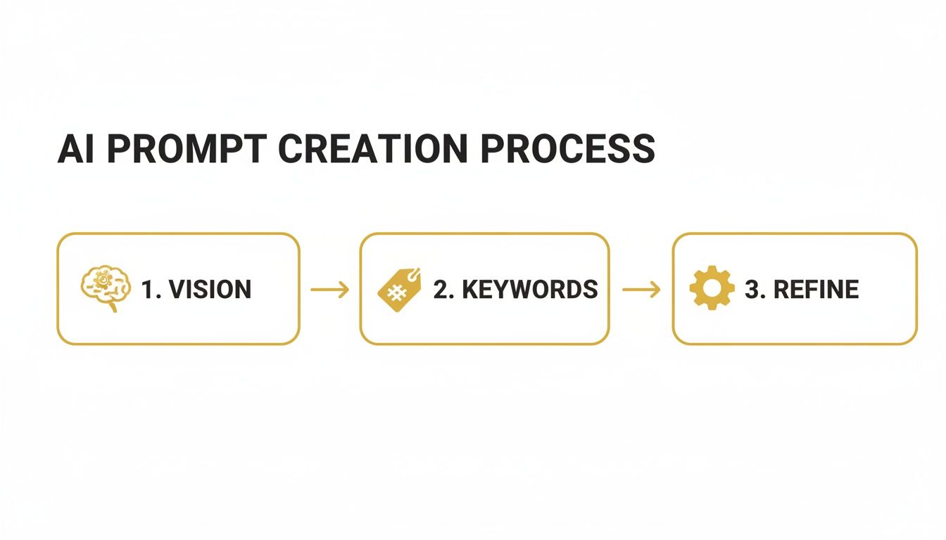 Flowchart detailing the three steps of the AI prompt creation process: vision, keywords, and refine.