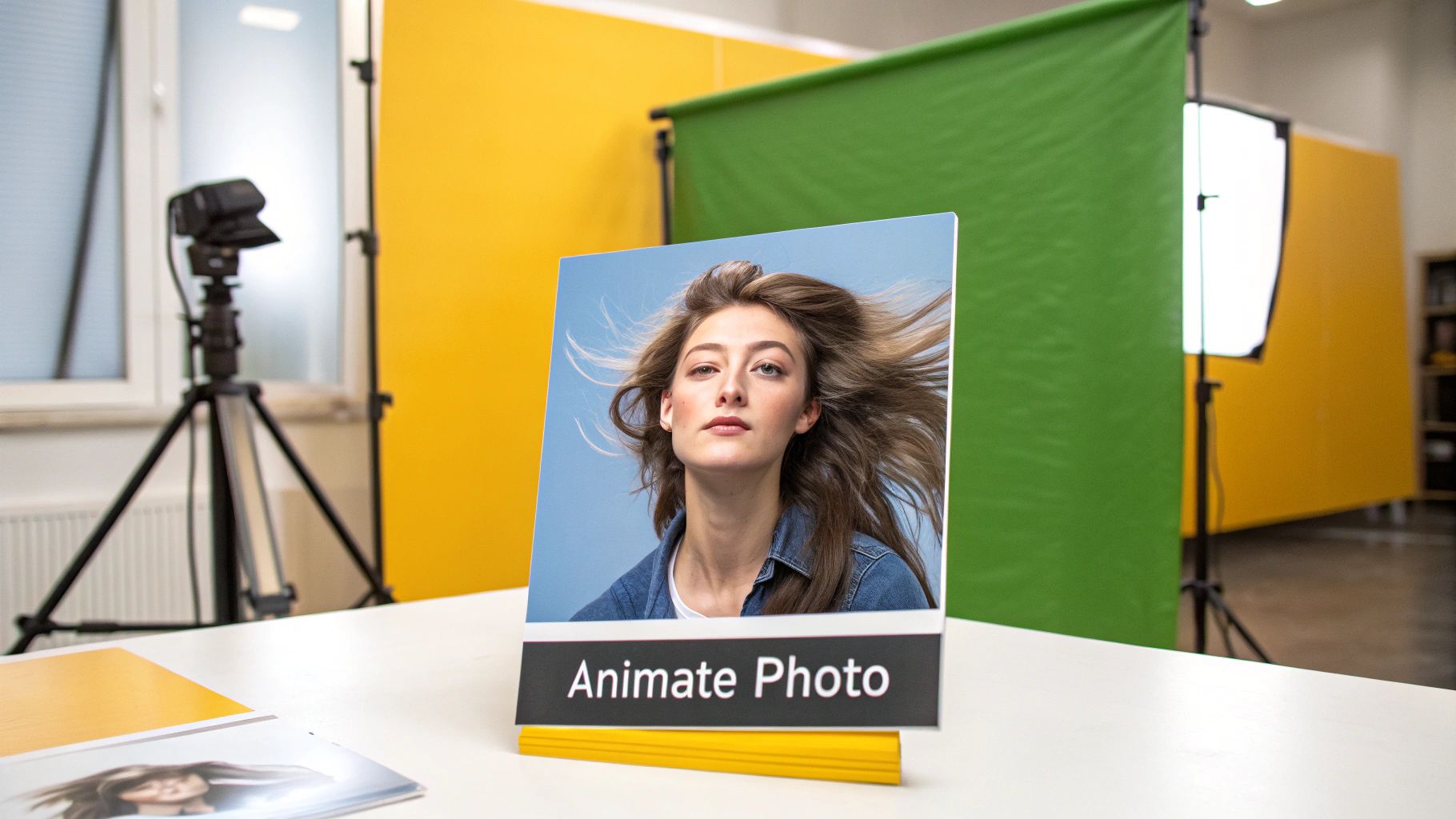 A studio setup featuring a "Animate Photo" display of a woman with flowing hair, camera, and backdrops.