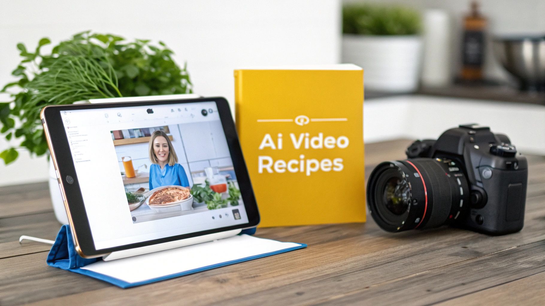 A tablet displaying a cooking video, an AI Video Recipes book, and a DSLR camera on a wooden table.