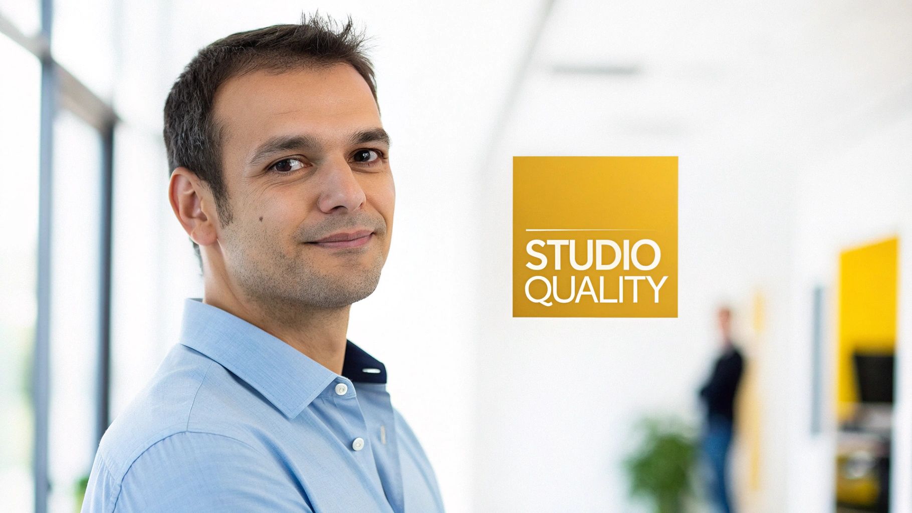 A smiling man in a blue shirt looks confidently at the camera, with a 'STUDIO QUALITY' logo in the background.