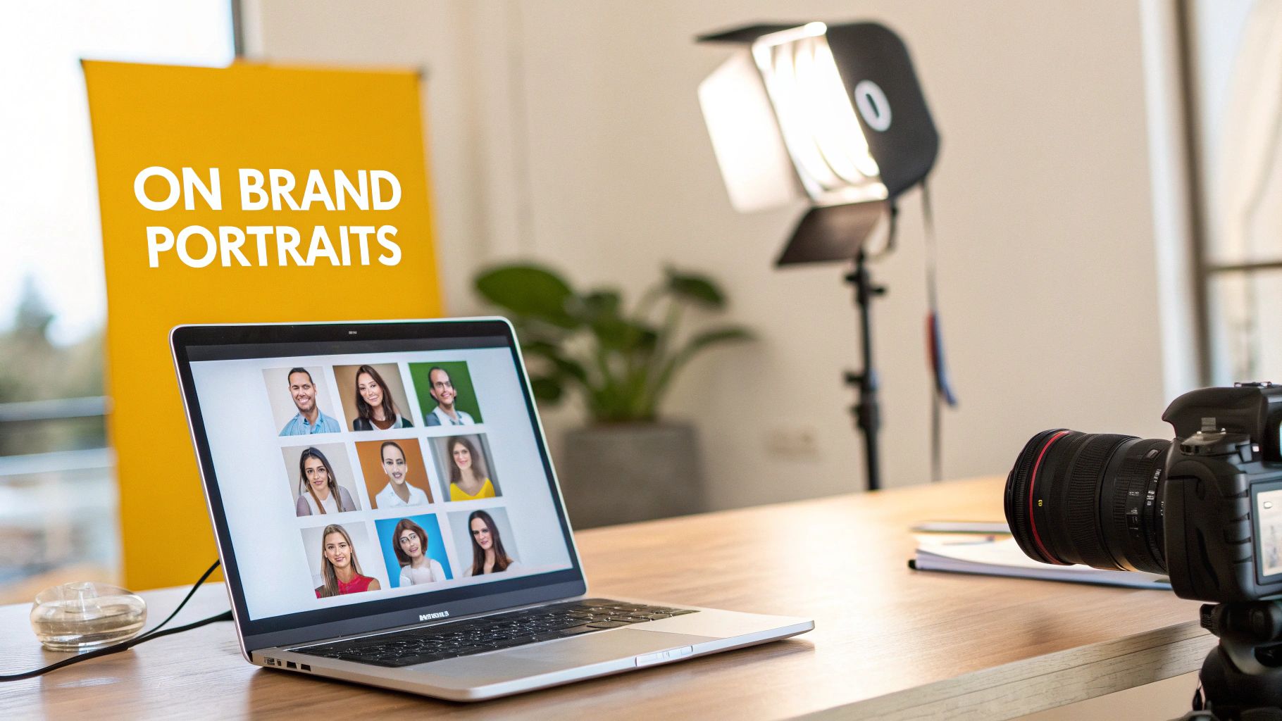 Studio setup for 'on brand portraits' with a laptop showing diverse professional headshots.