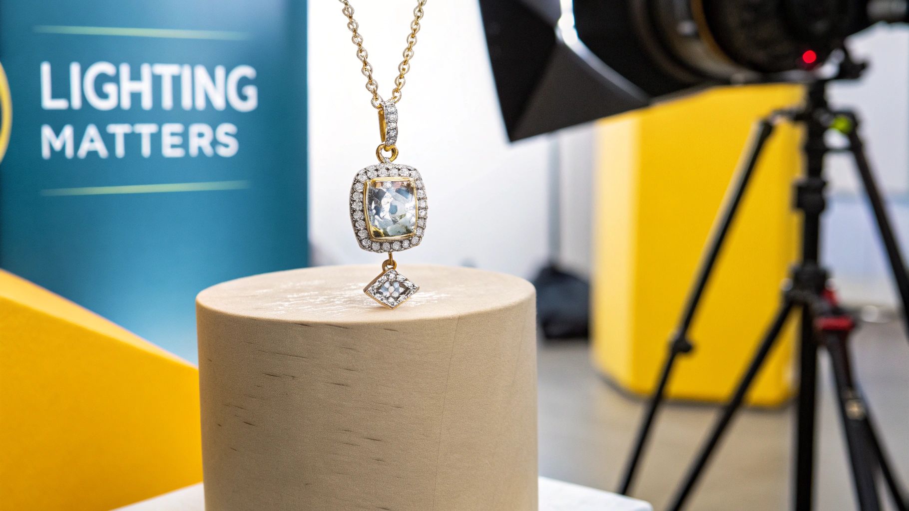 A gold necklace with a large diamond pendant on a stand, showing a product photography setup.