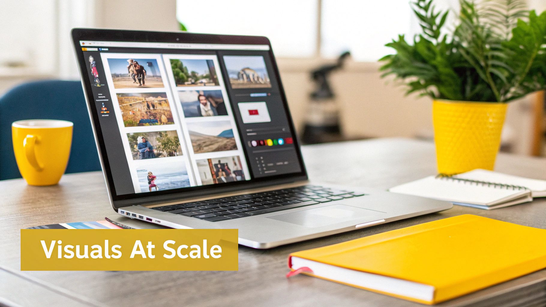A laptop screen displays a photo gallery on a desk with a yellow mug and notebook.
