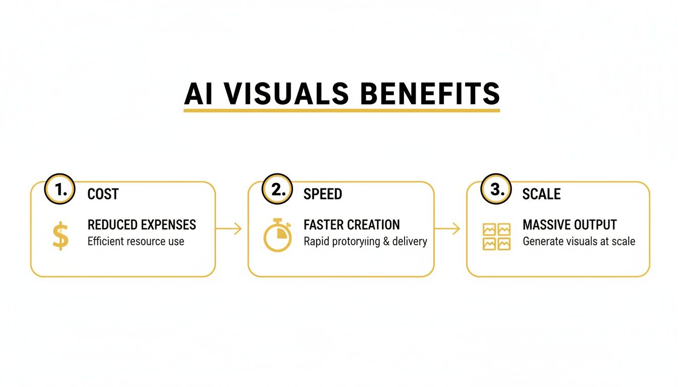 Infographic outlining three AI visuals benefits: reduced cost, faster creation, and massive output at scale.