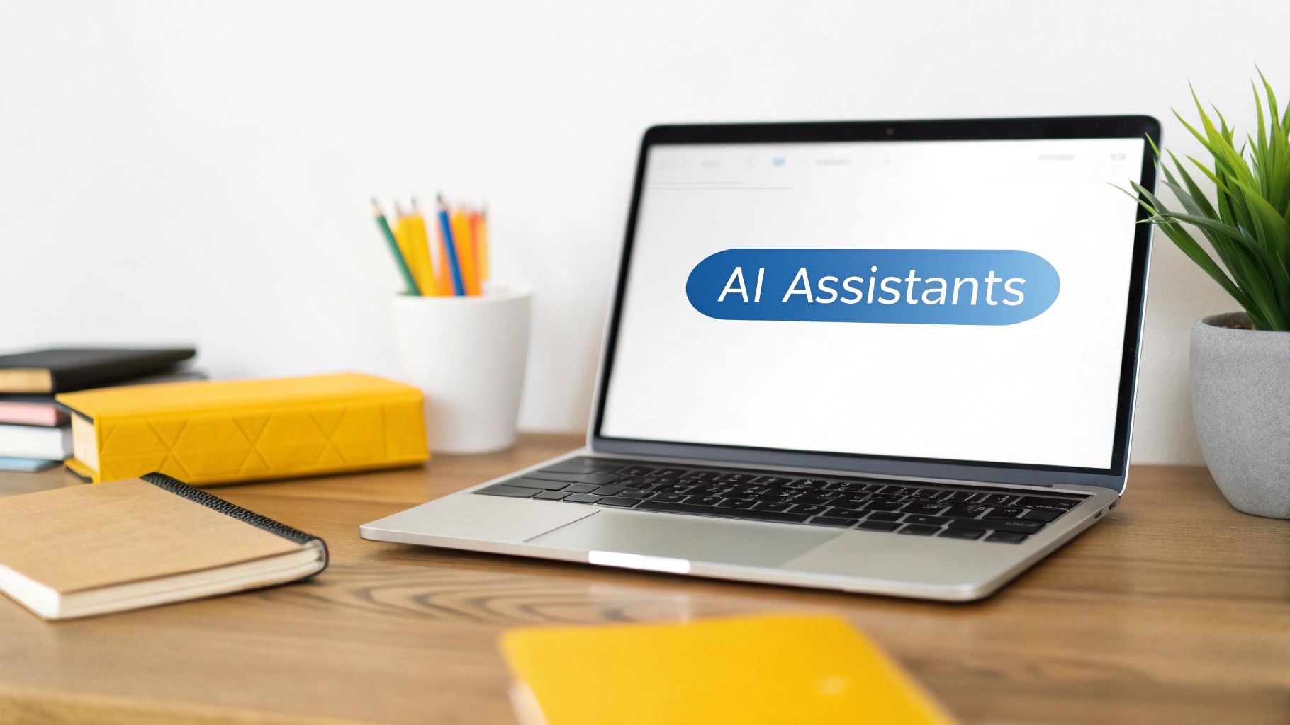 A laptop displaying 'AI Assistants' on its screen, surrounded by office supplies on a wooden desk.