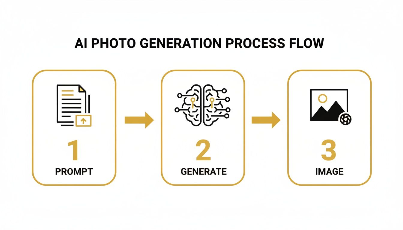 A diagram illustrating the three-step AI photo generation process flow from prompt input to image output.
