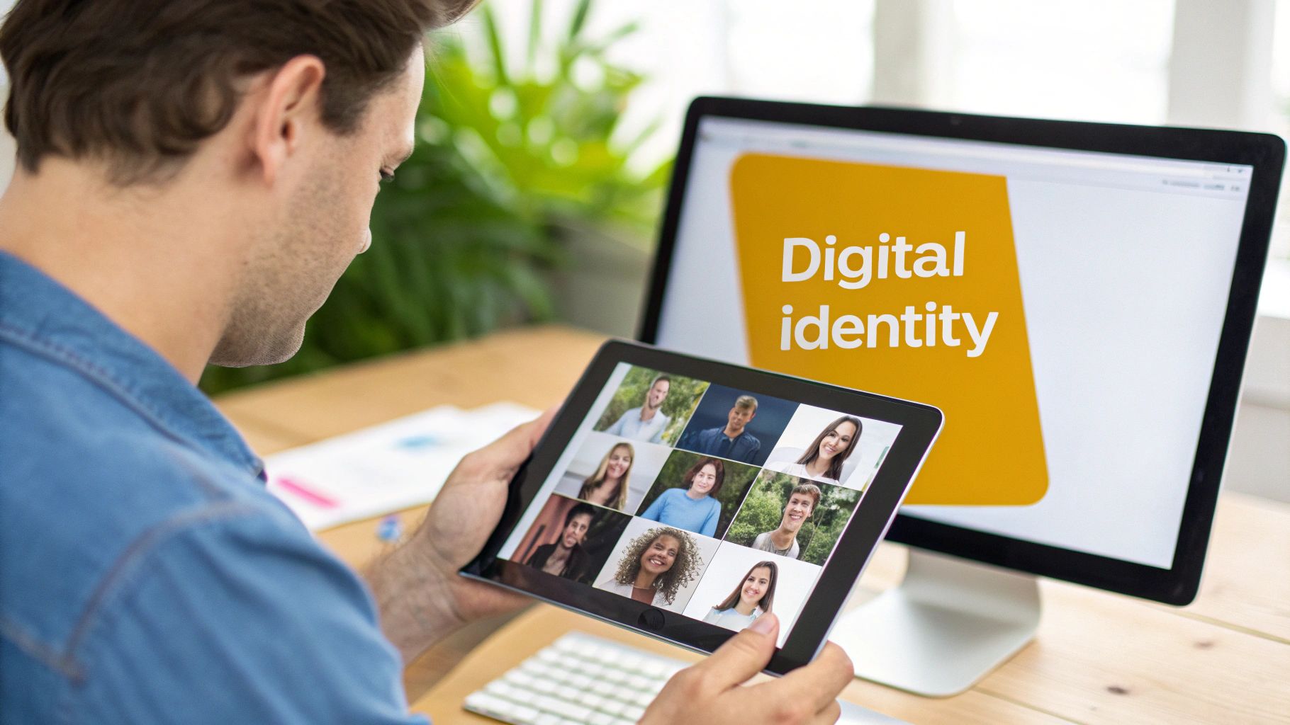Man holding a tablet showing a video conference call, with 'Digital identity' on a monitor.