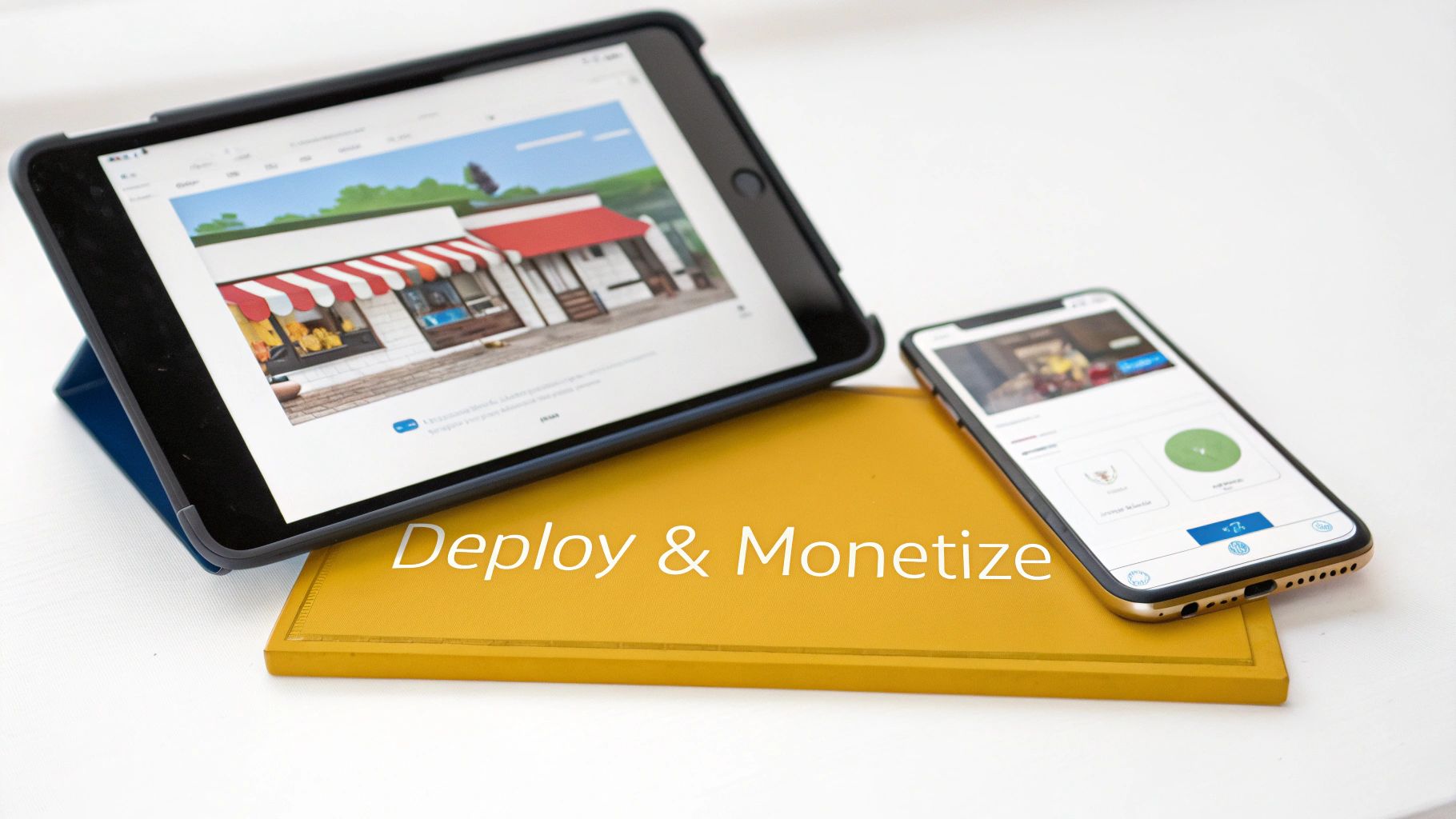 An iPad and iPhone on a yellow block with 'Deploy & Monetize' text, showcasing digital applications.