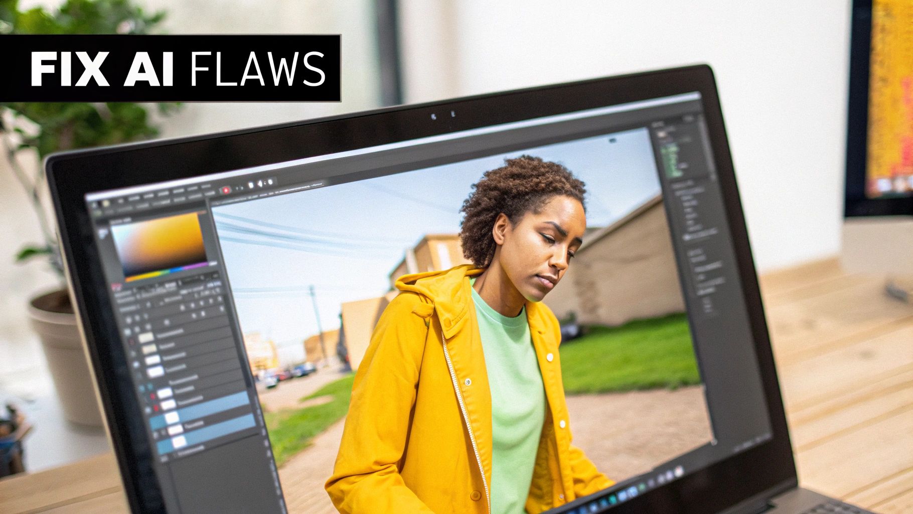 A woman editing a digital image on a laptop screen, displaying 'FIX AI FLAWS' banner.
