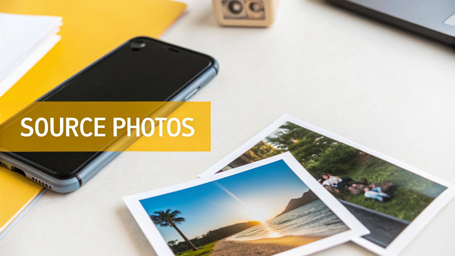 A flat lay of a smartphone, notebooks, and two printed photos on a white table.
