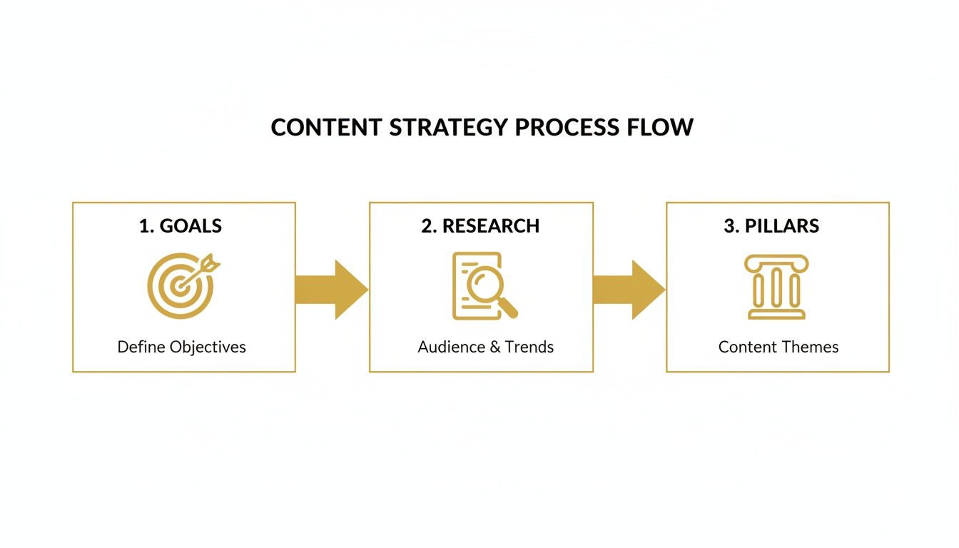 A diagram illustrating the content strategy process flow with three key steps: Goals, Research, and Pillars.