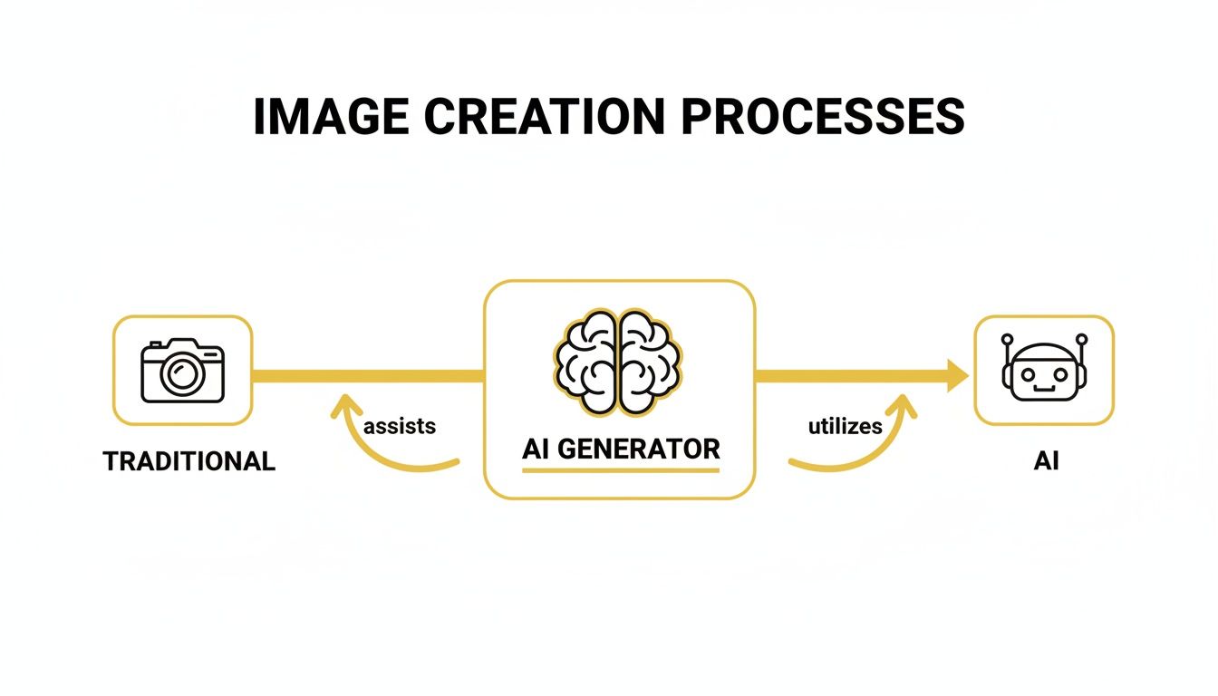 Flowchart detailing image creation processes: traditional methods assist AI generators, which utilize AI.