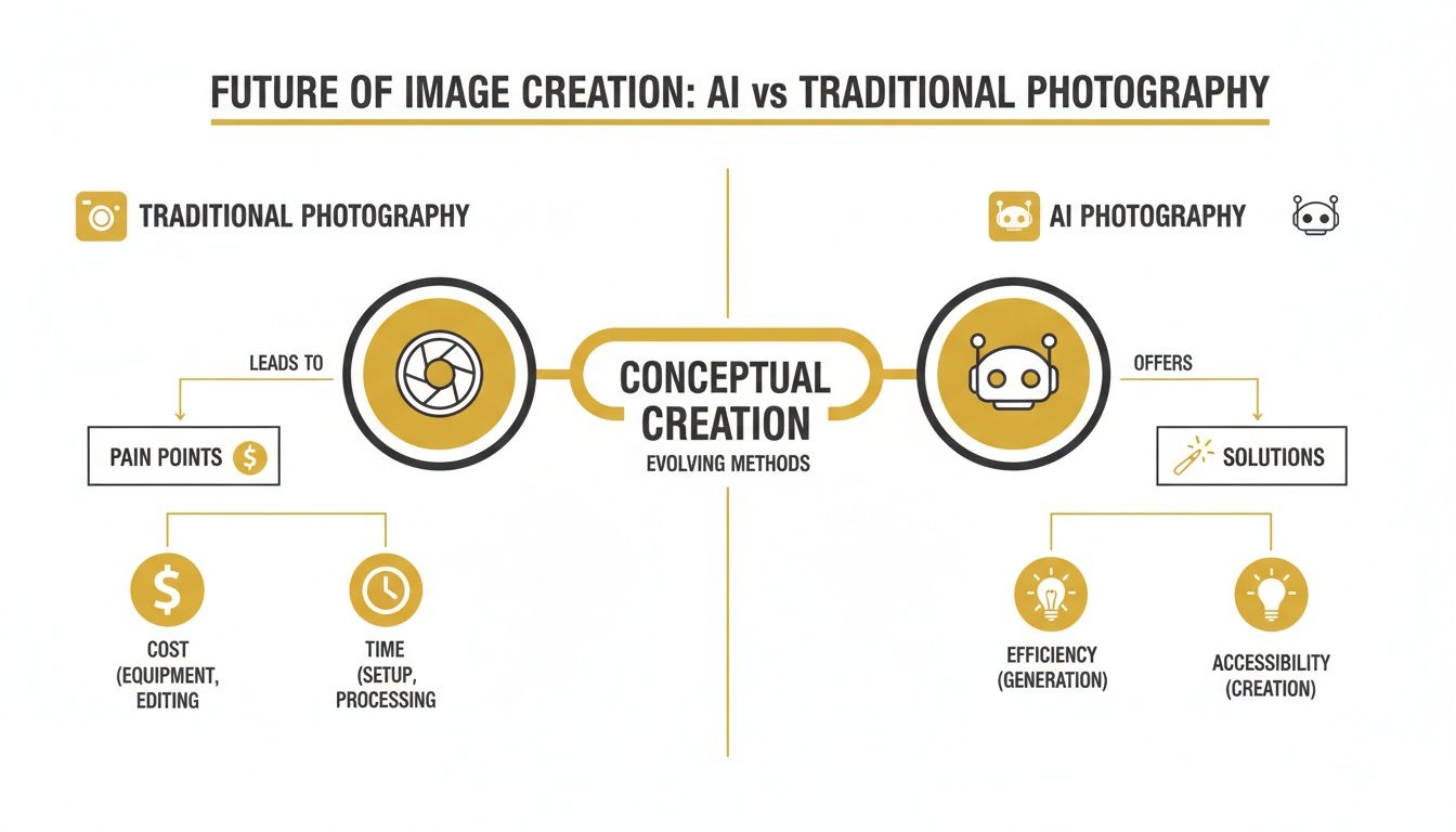 Infographic comparing traditional photography's pain points (cost, time) with AI photography's solutions (efficiency, accessibility) for image creation.