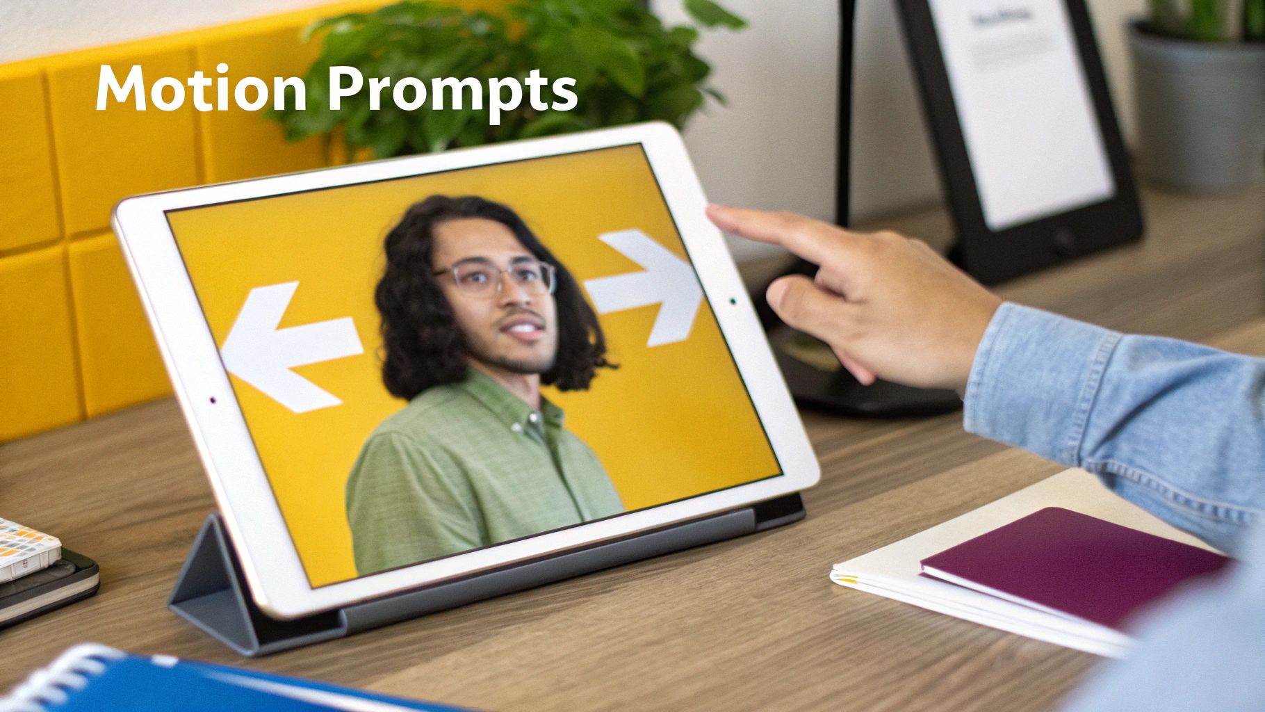 A hand interacts with a tablet displaying a man, white arrows, and 'Motion Prompts' text.