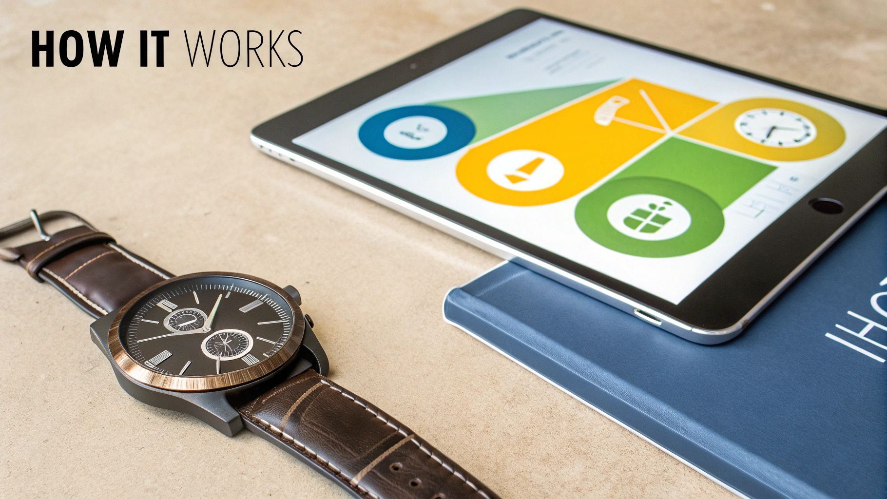 A modern watch and tablet showing a 'How It Works' infographic, next to a blue book.