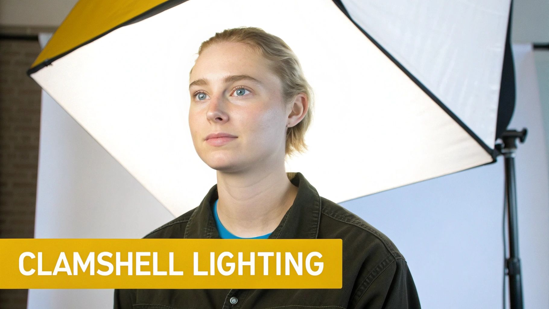 A blonde woman's portrait under bright studio softboxes, demonstrating clamshell lighting.