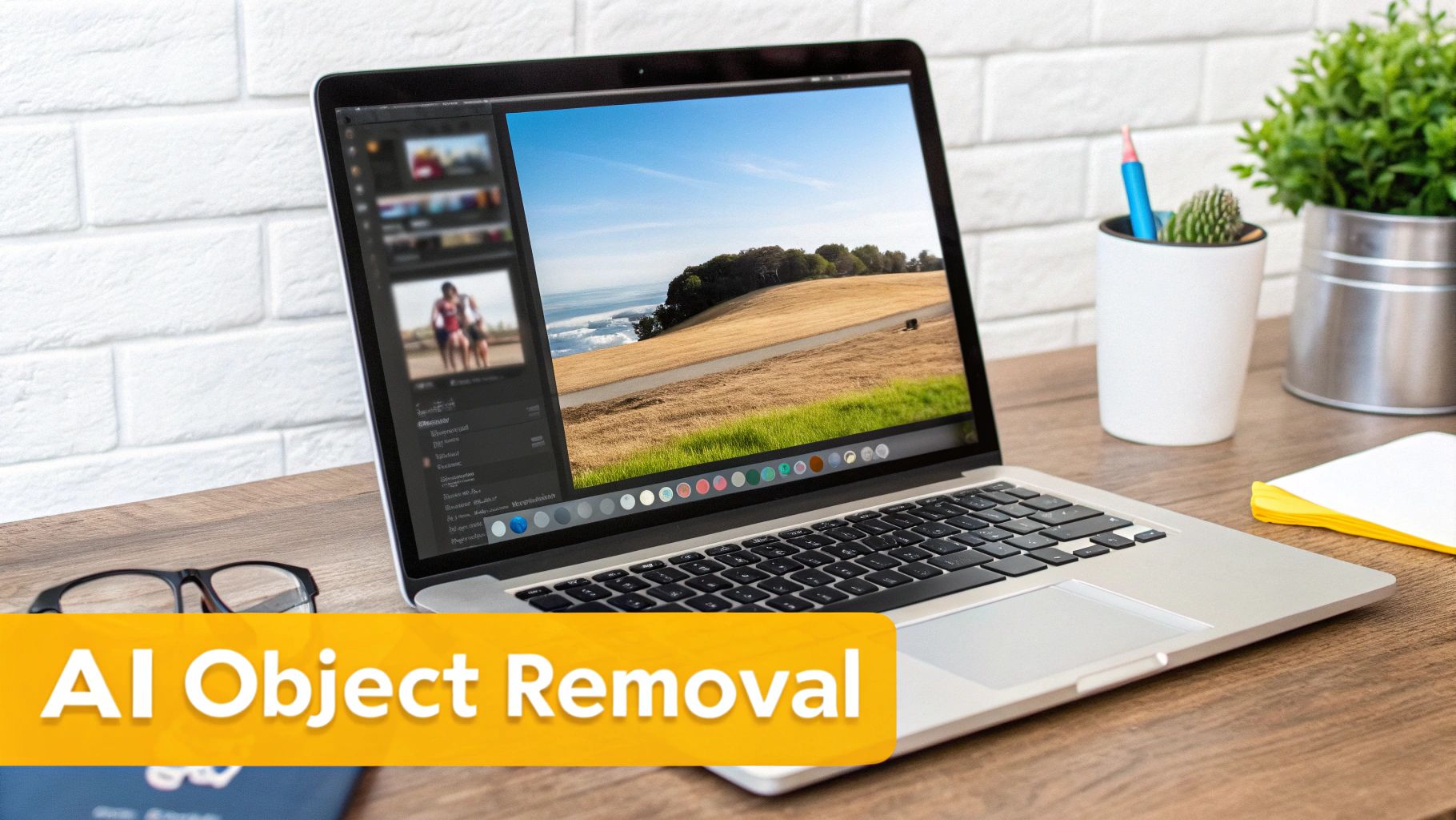Laptop on a wooden desk displaying photo editing software with 'AI Object Removal' text.