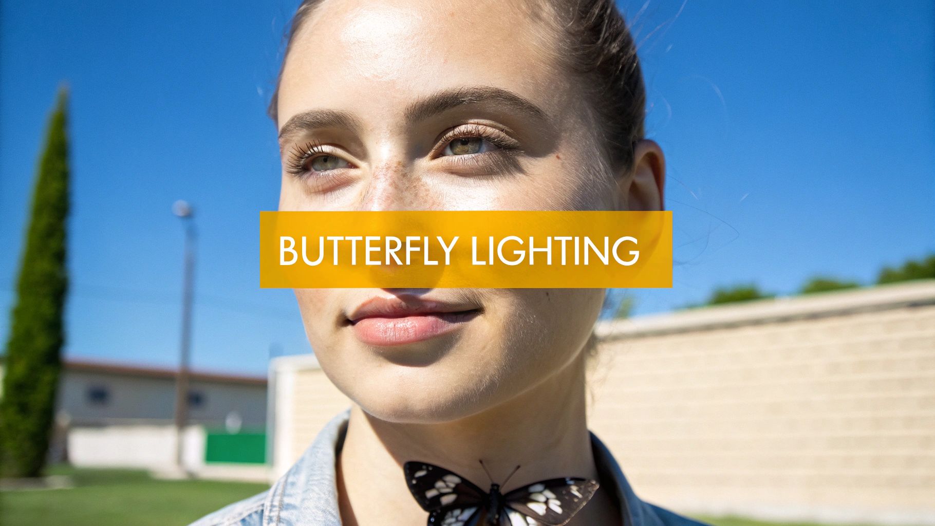 Close-up of a young woman's face demonstrating butterfly lighting, with a butterfly on her neck.