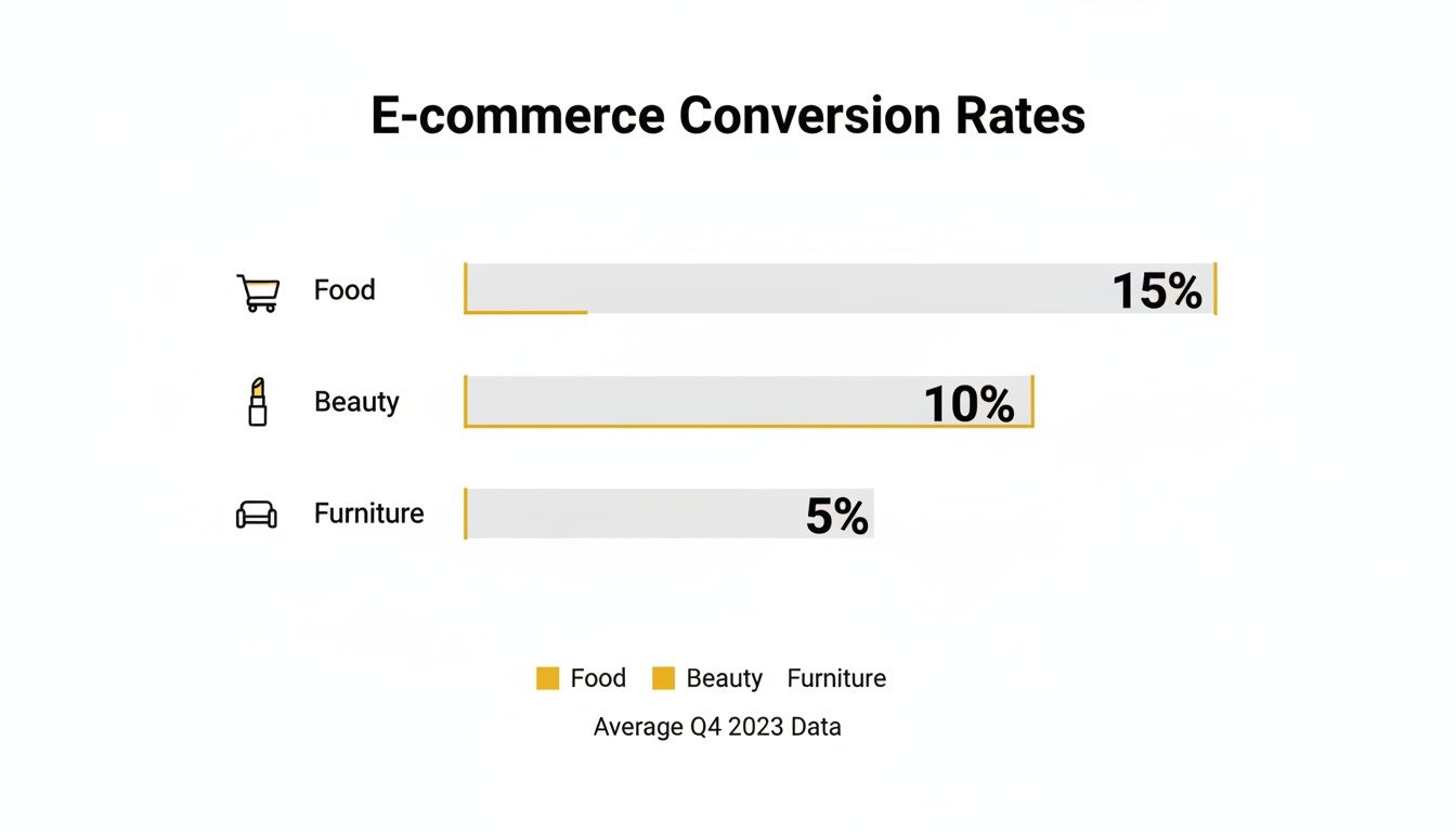 Bar chart showing e-commerce conversion rates for food (15%), beauty (10%), and furniture (5%) from Q4 2023.