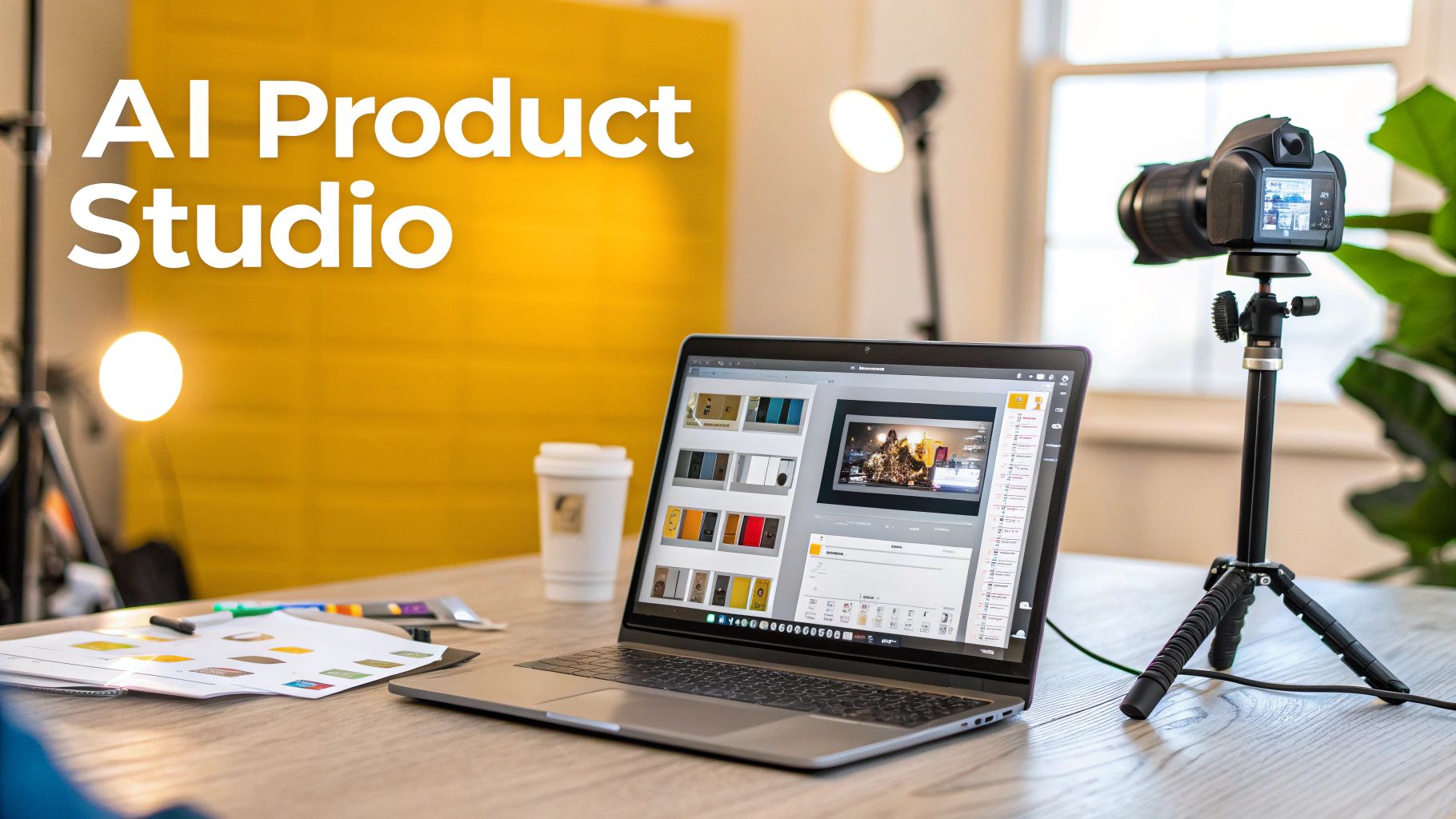 An AI Product Studio setup with a laptop displaying product designs, a camera, tripod, and studio lighting.