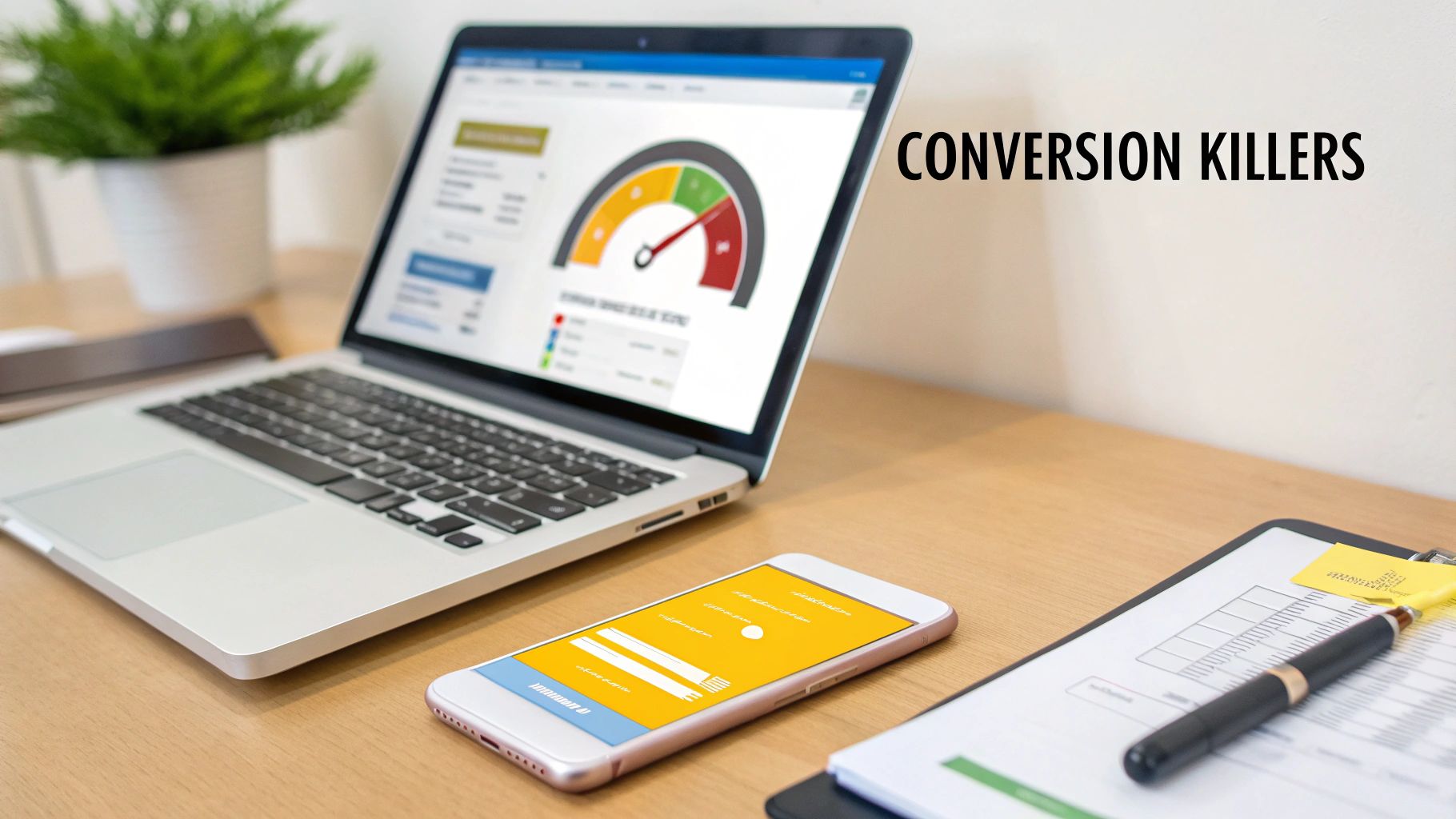 Office desk with a laptop showing a performance dashboard, a smartphone, and a clipboard, featuring 'CONVERSION KILLERS' text.