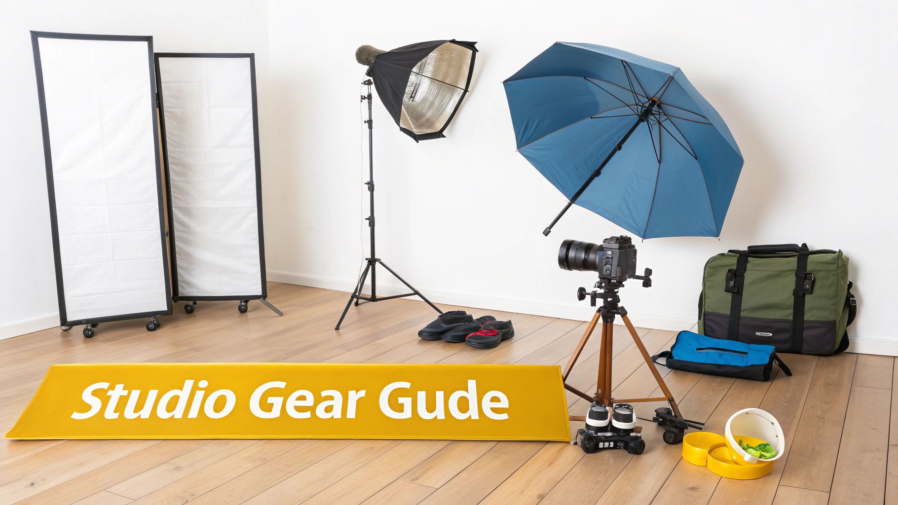 A complete photography studio setup with lighting, camera, tripods, and other gear on a wooden floor.