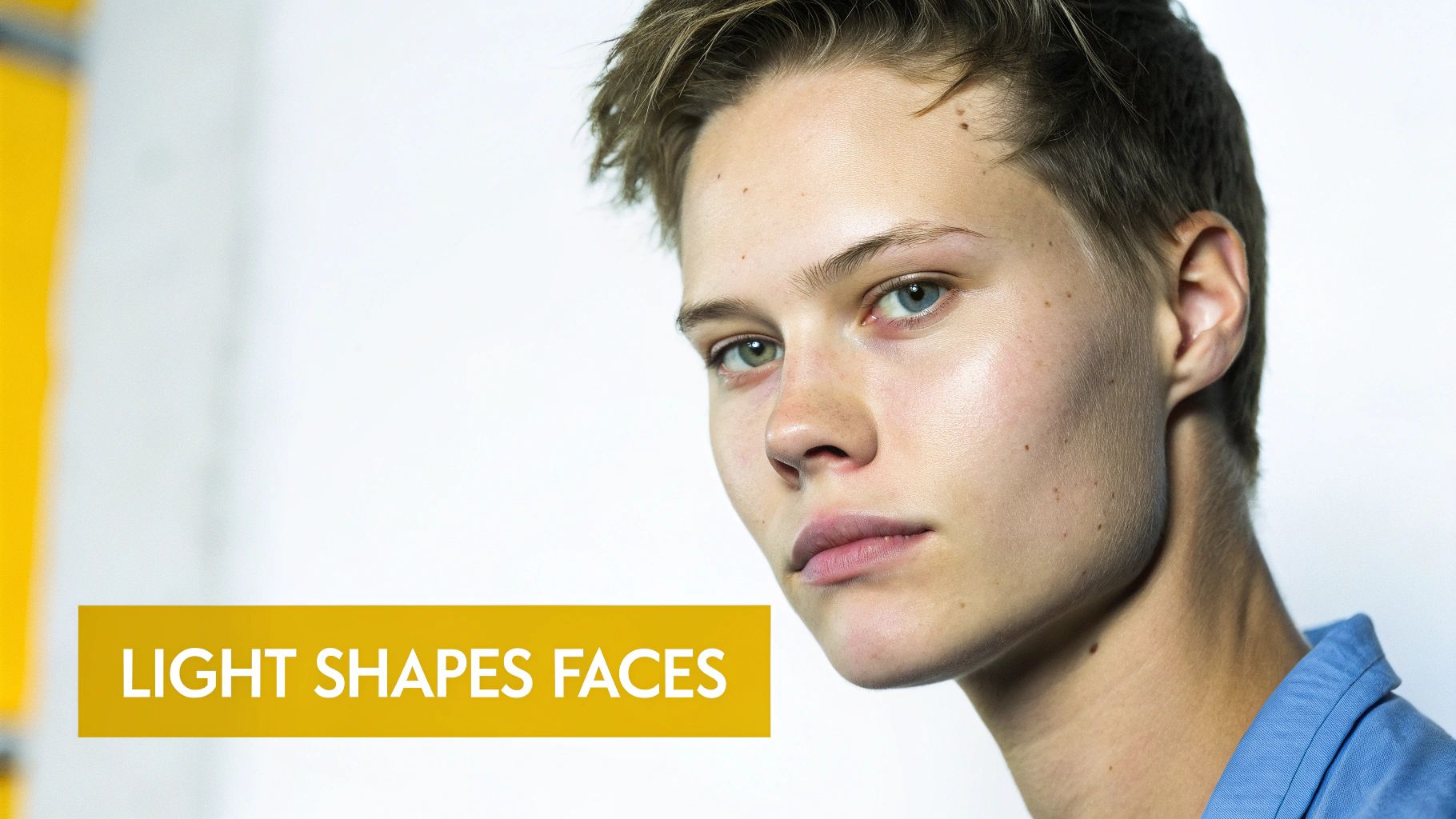 Close-up of a young person's face with light-colored eyes and 'LIGHT SHAPES FACES' text.