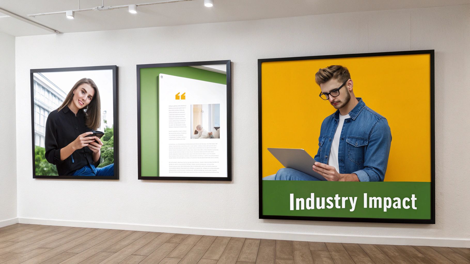 Three framed posters featuring portraits and text displayed on a white wall in an art gallery.