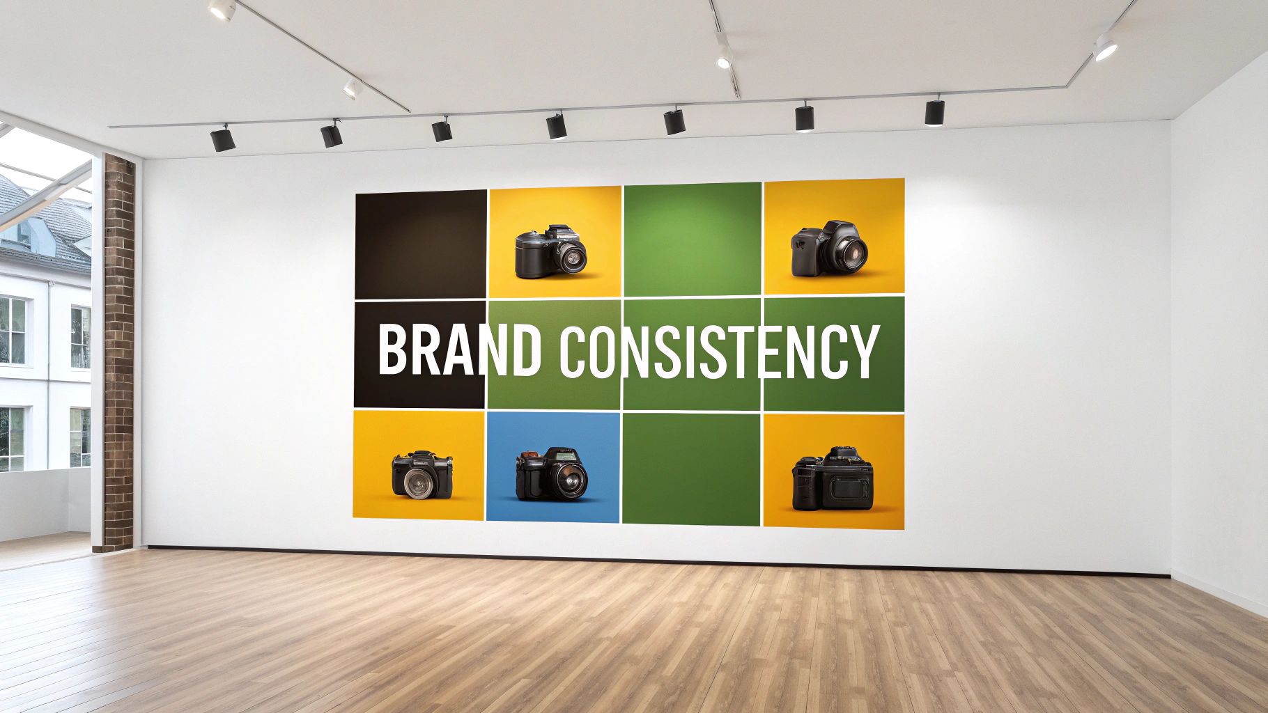 A gallery wall displays 'BRAND CONSISTENCY' text alongside various camera models in colorful squares.