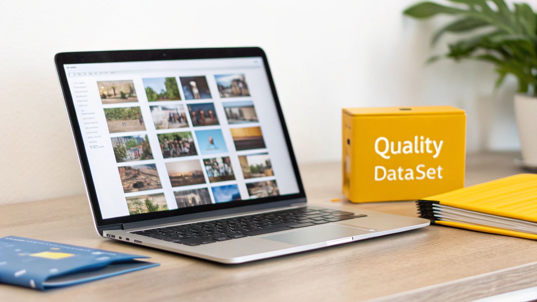 A laptop displays a photo gallery next to a yellow 'Quality DataSet' box on a wooden desk.