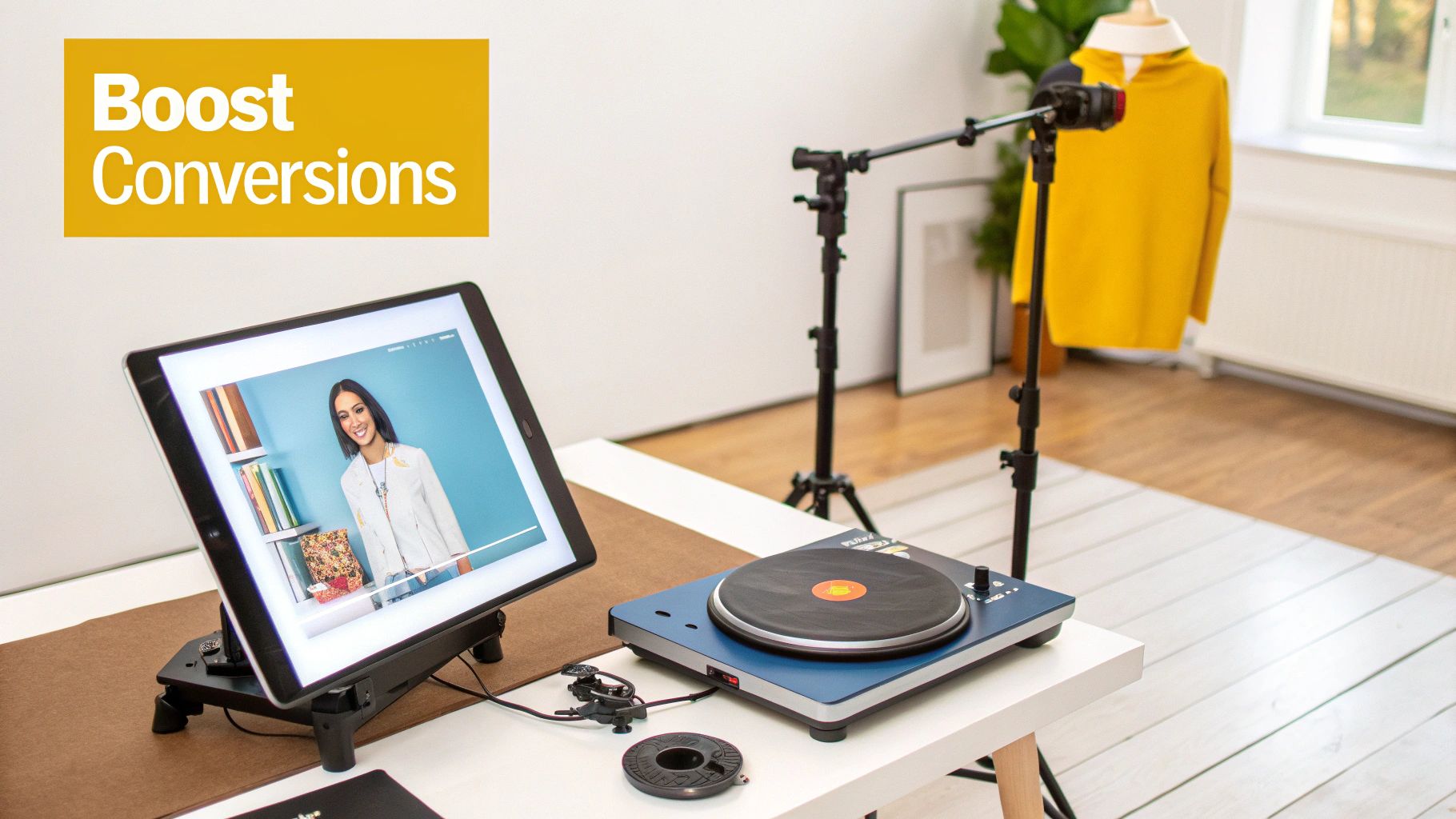 A creative studio setup with a tablet displaying a woman, a turntable, and a yellow sweater on a mannequin, with text 'Boost Conversions'.