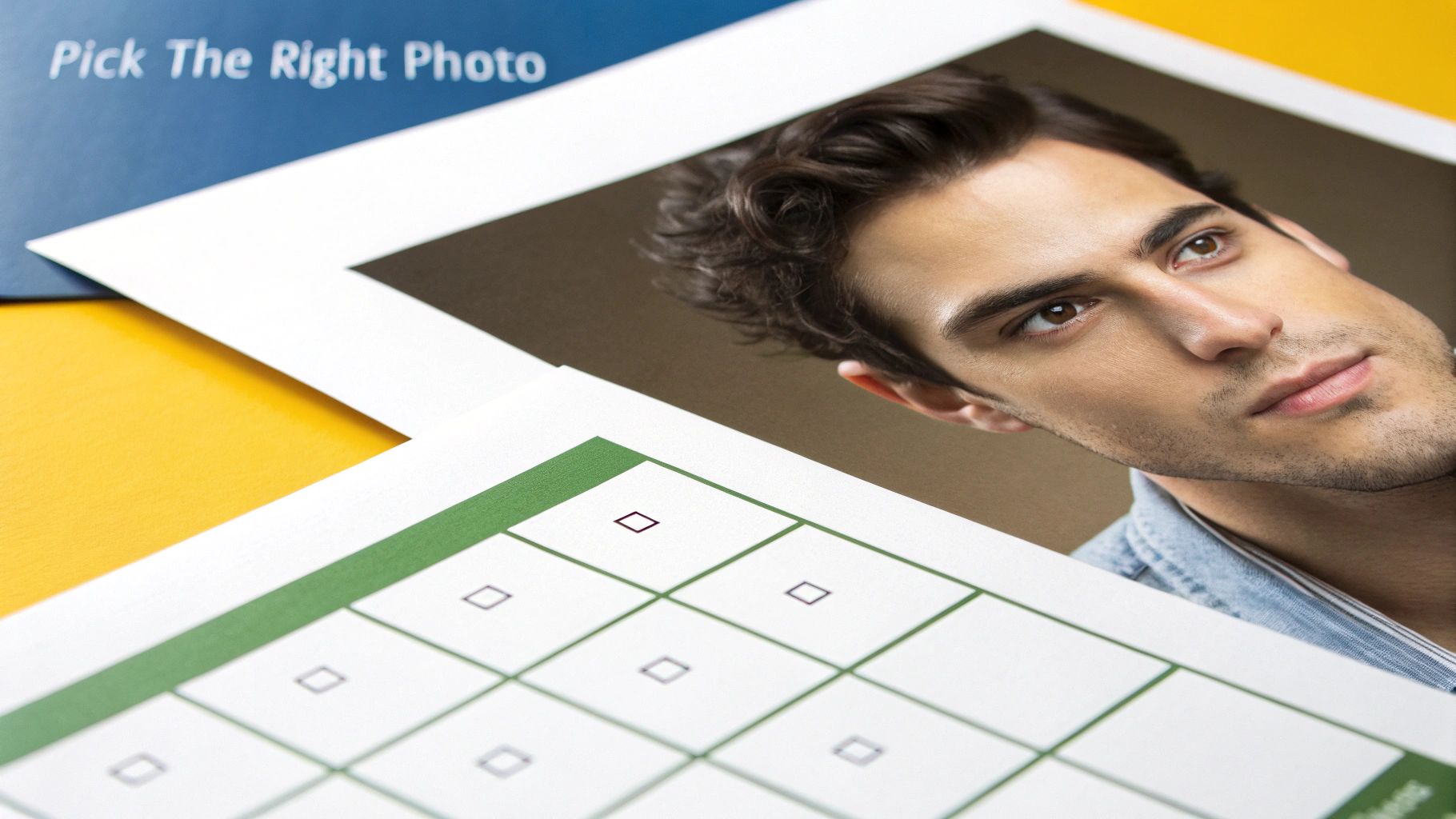 A blue folder with 'Pick The Right Photo' text, a man's portrait, and a grid of checkboxes.