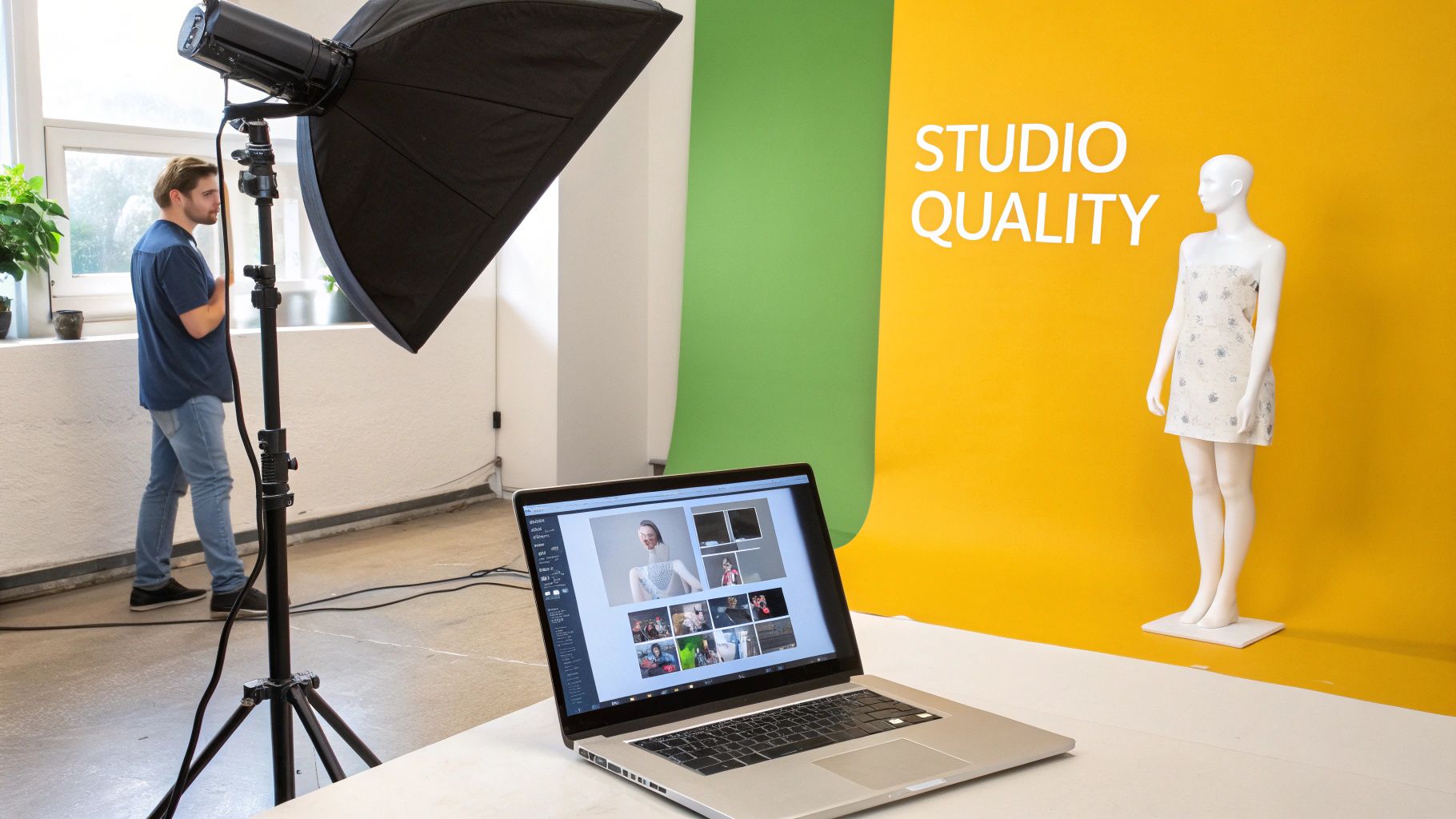 A man and a mannequin in a photography studio with a laptop, softbox, and yellow-green backdrop.