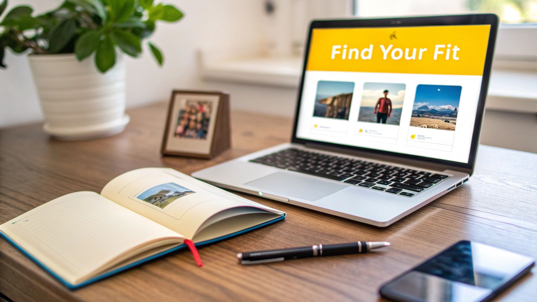 A laptop displaying a 'Find Your Fit' webpage with outdoor adventure photos, an open notebook, and a pen on a wooden desk.