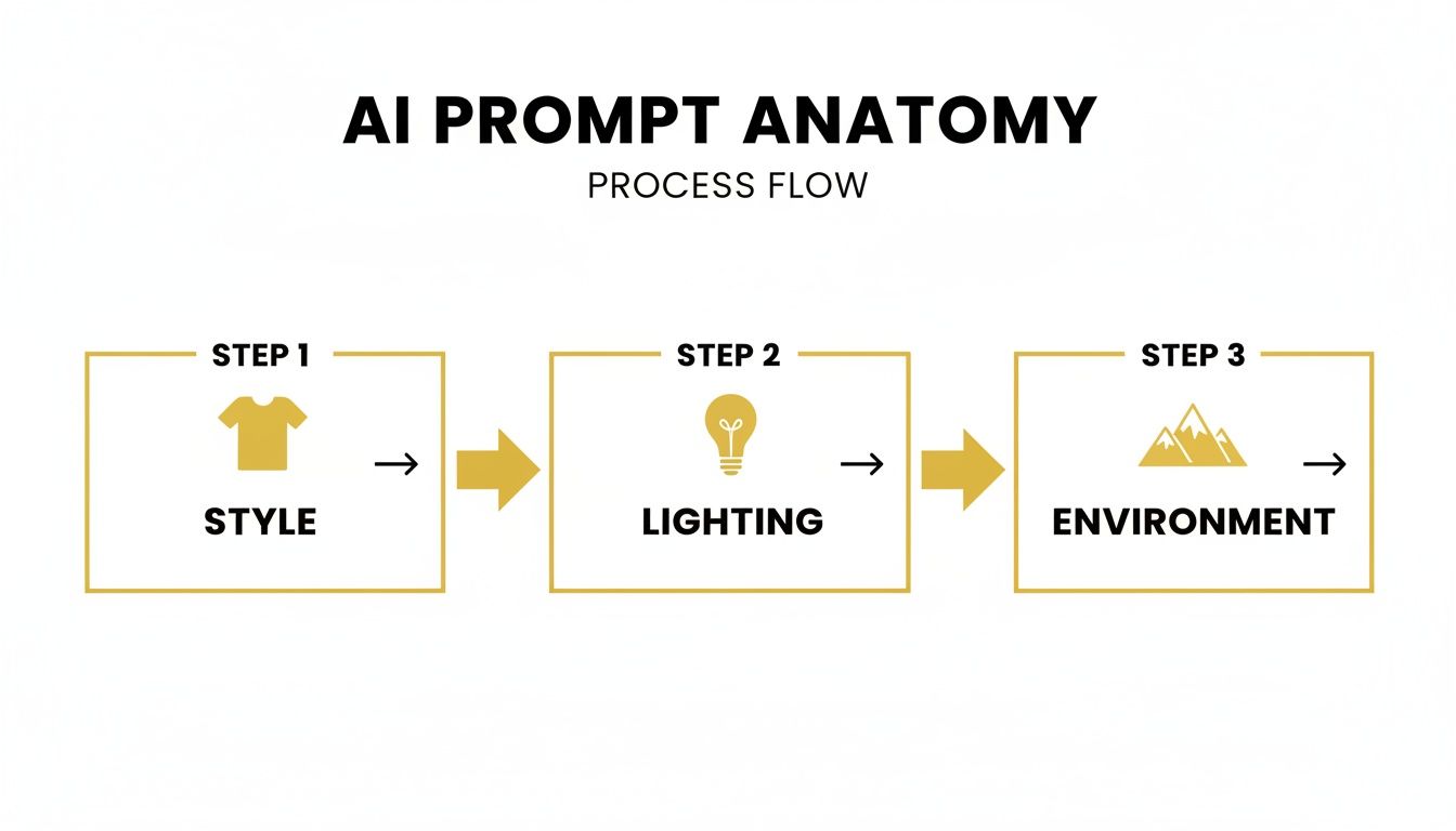 A process flow diagram illustrating AI prompt anatomy, showing steps for Style, Lighting, and Environment.