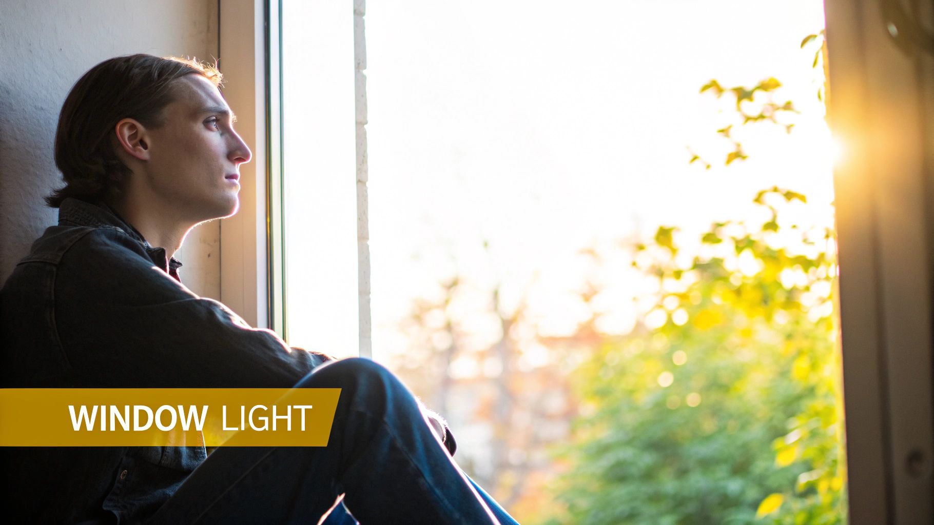 A young man sits contemplatively by a window, bathed in bright, warm sunlight from outside.