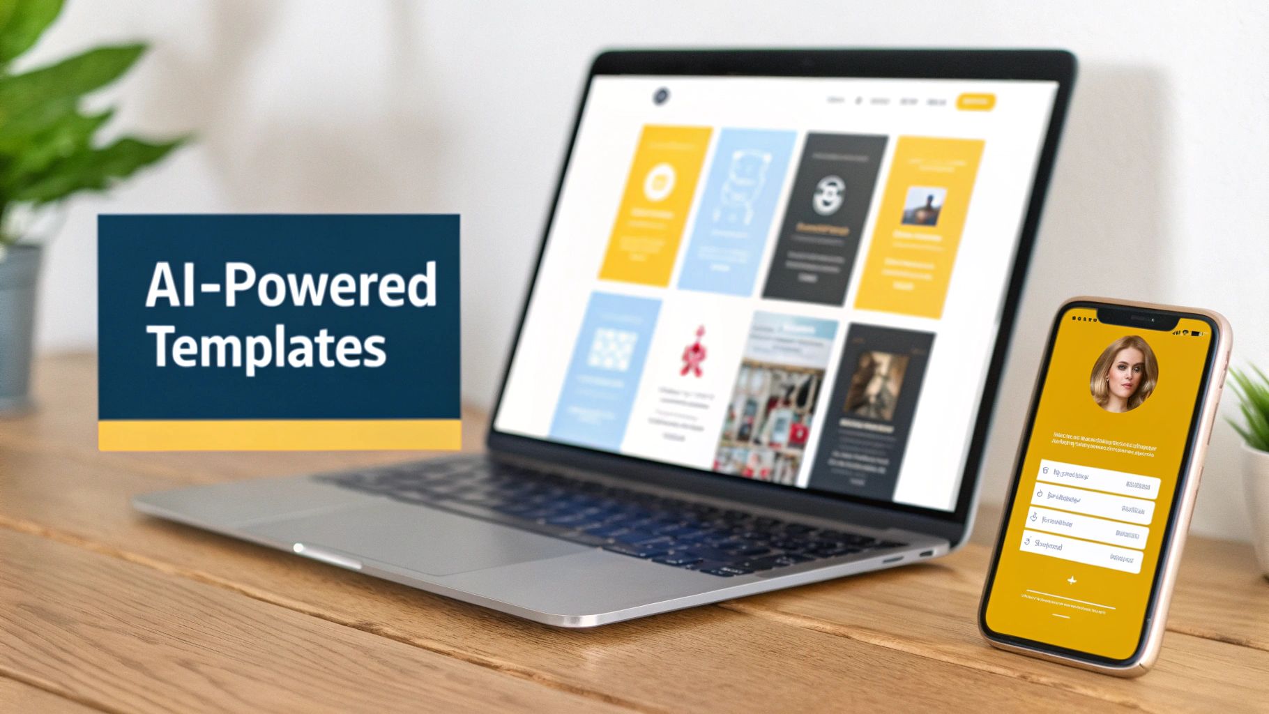 A laptop and smartphone on a wooden desk, showcasing AI-powered templates for content creation.