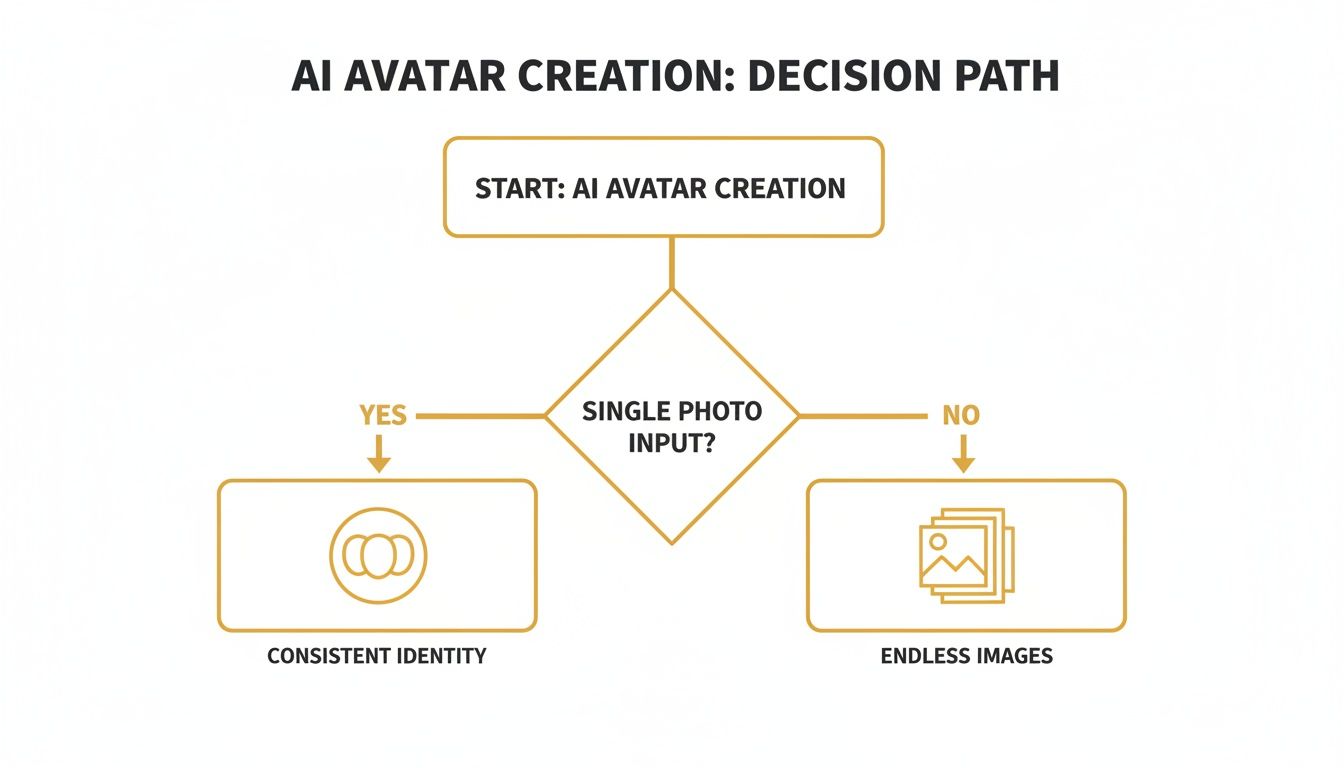 Flowchart illustrating the AI avatar creation decision path based on single or multiple photo inputs.