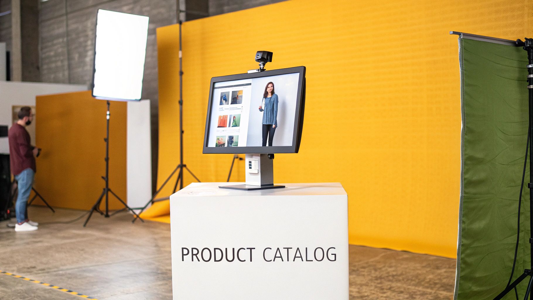 A photography studio setup with a monitor displaying a product catalog featuring a model and clothing items.