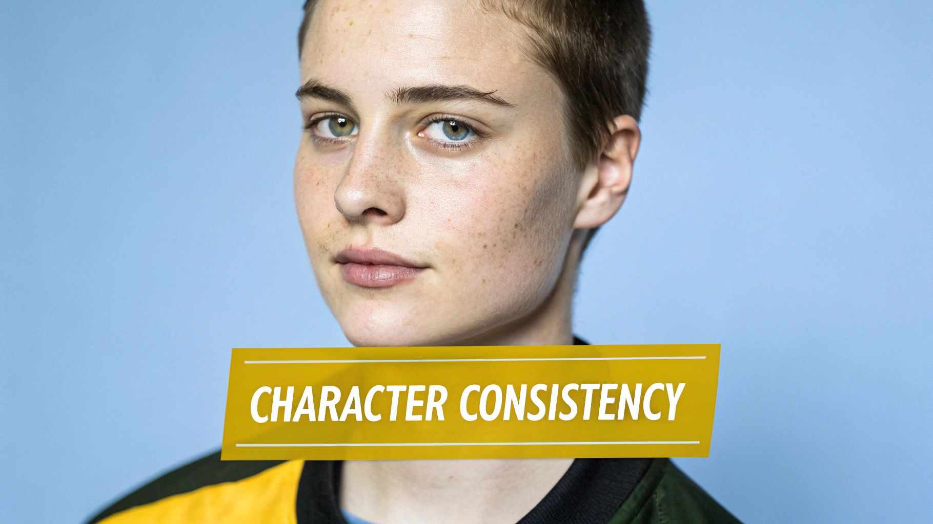 Portrait of a person with short hair, freckles, and heterochromia, featuring a banner 'CHARACTER CONSISTENCY'.