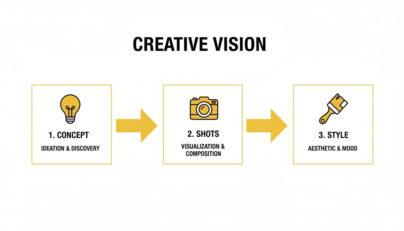 A diagram outlining a three-step creative vision process: Concept, Shots, and Style, with icons.